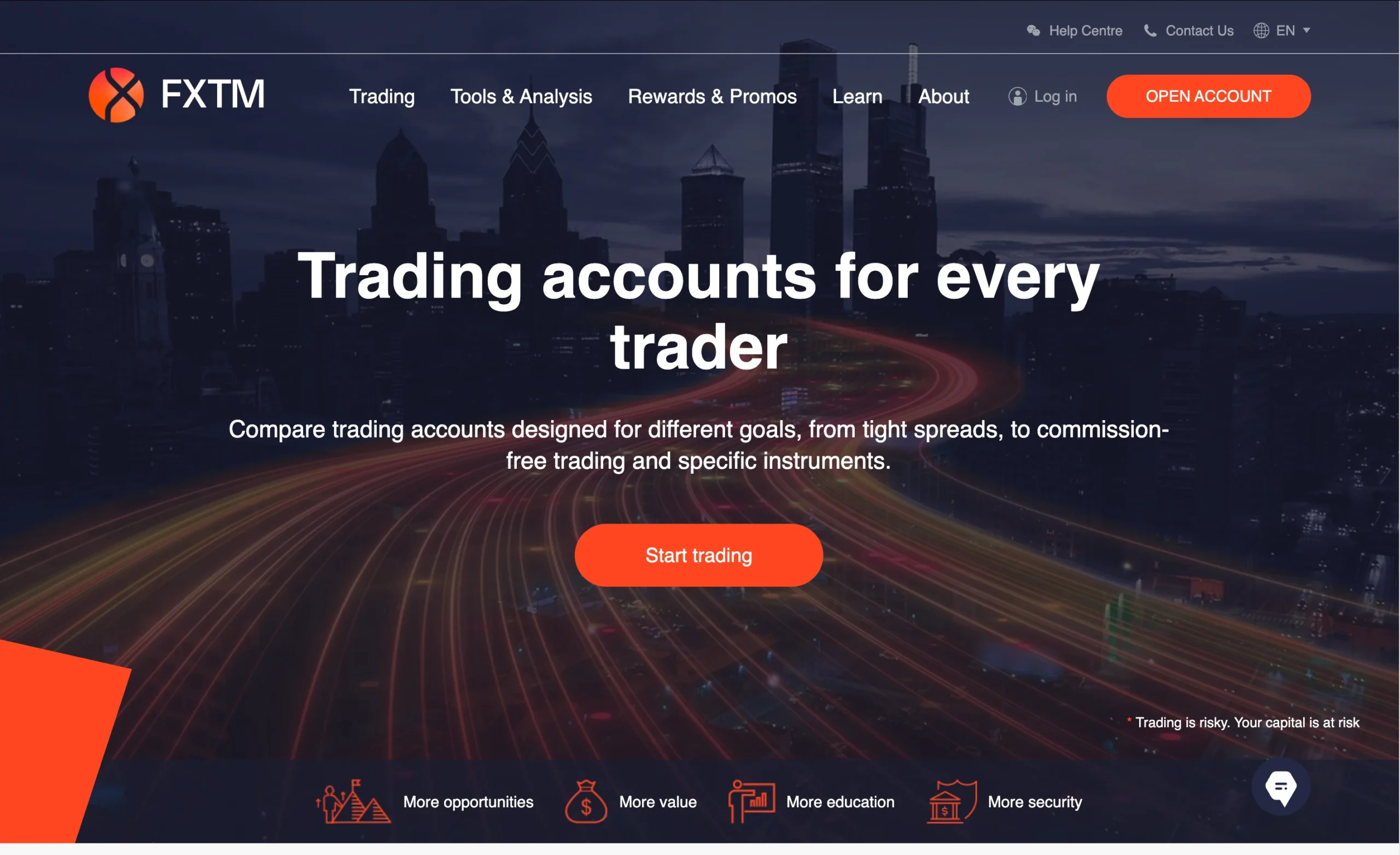 FXTM review image showing available account types including the Micro, Advantage, Advantage Plus, Advantage Stocks, Demo and Islamic accounts.