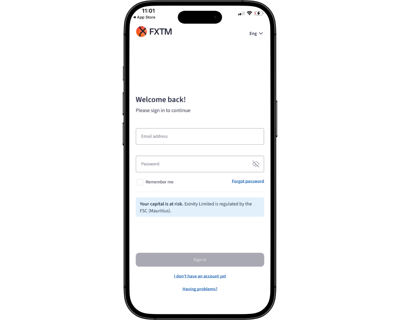 FXTM review image showing the FXTM login page where clients enter their email and password.