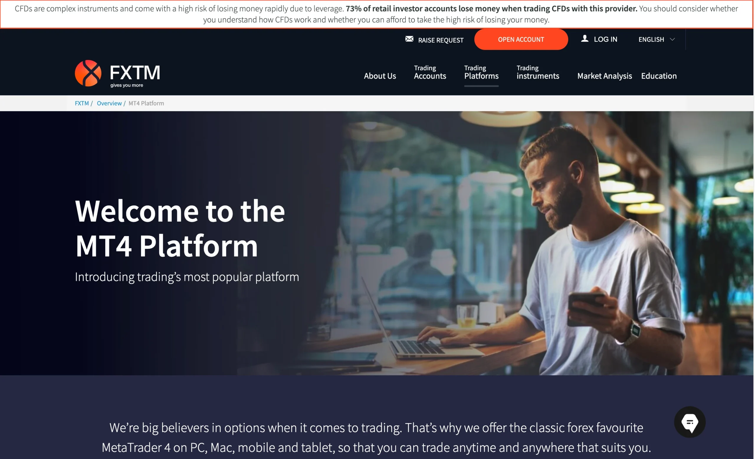 FXTM review image showing the trading platforms available to clients, including MetaTrader 4 and the FXTM Mobile App.