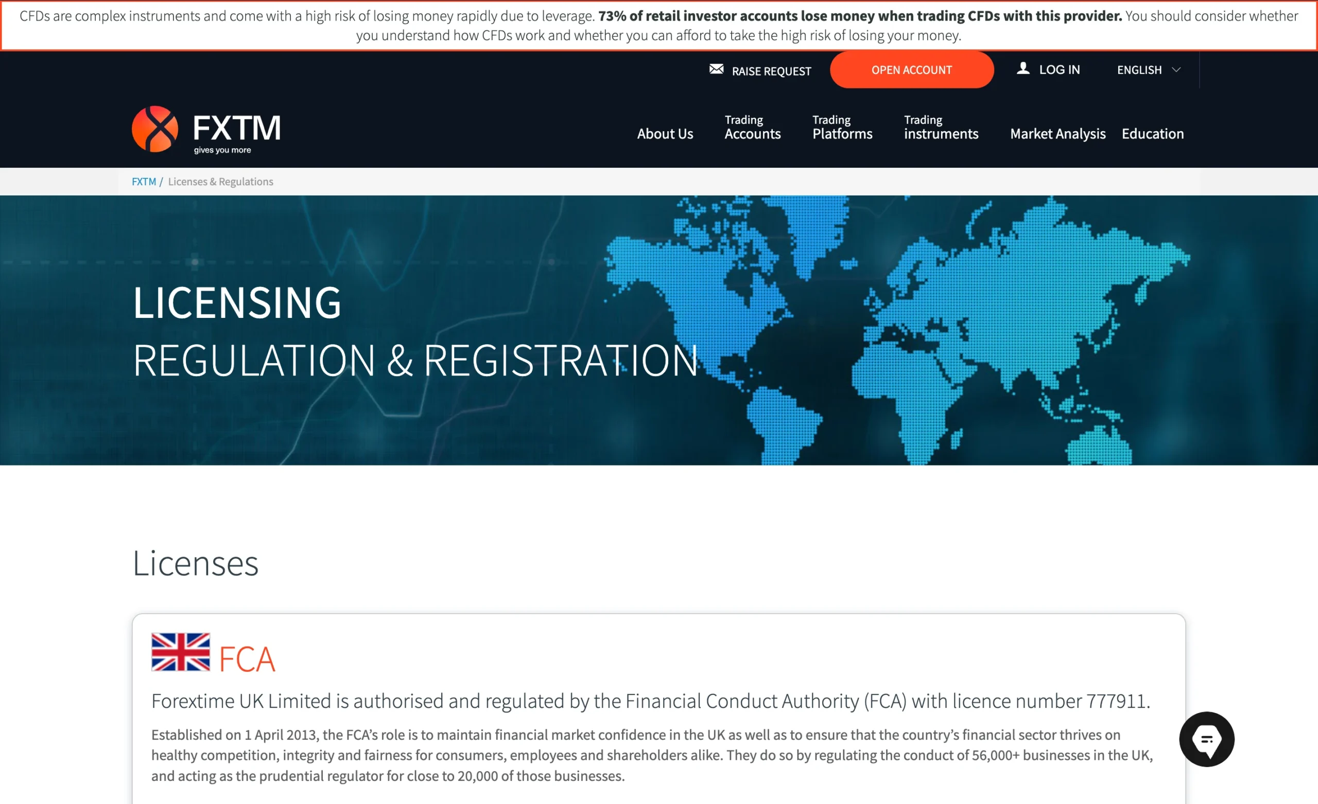 FXTM regulation page showing office addresses, regulators, license numbers, and client money protection details for jurisdictions including CMA, FSCA, FCA and FSC.
