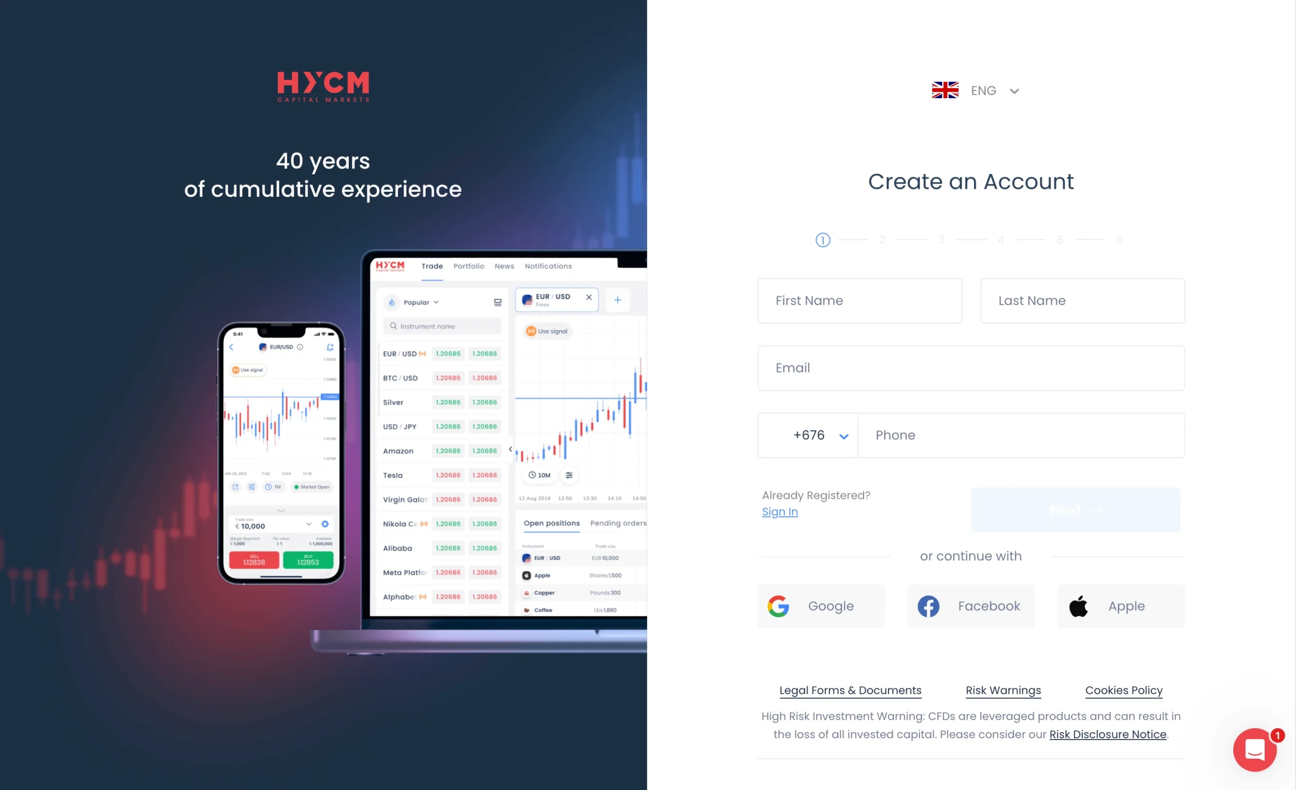 HYCM review image showing the account opening page where clients enter personal information to open a trading account.