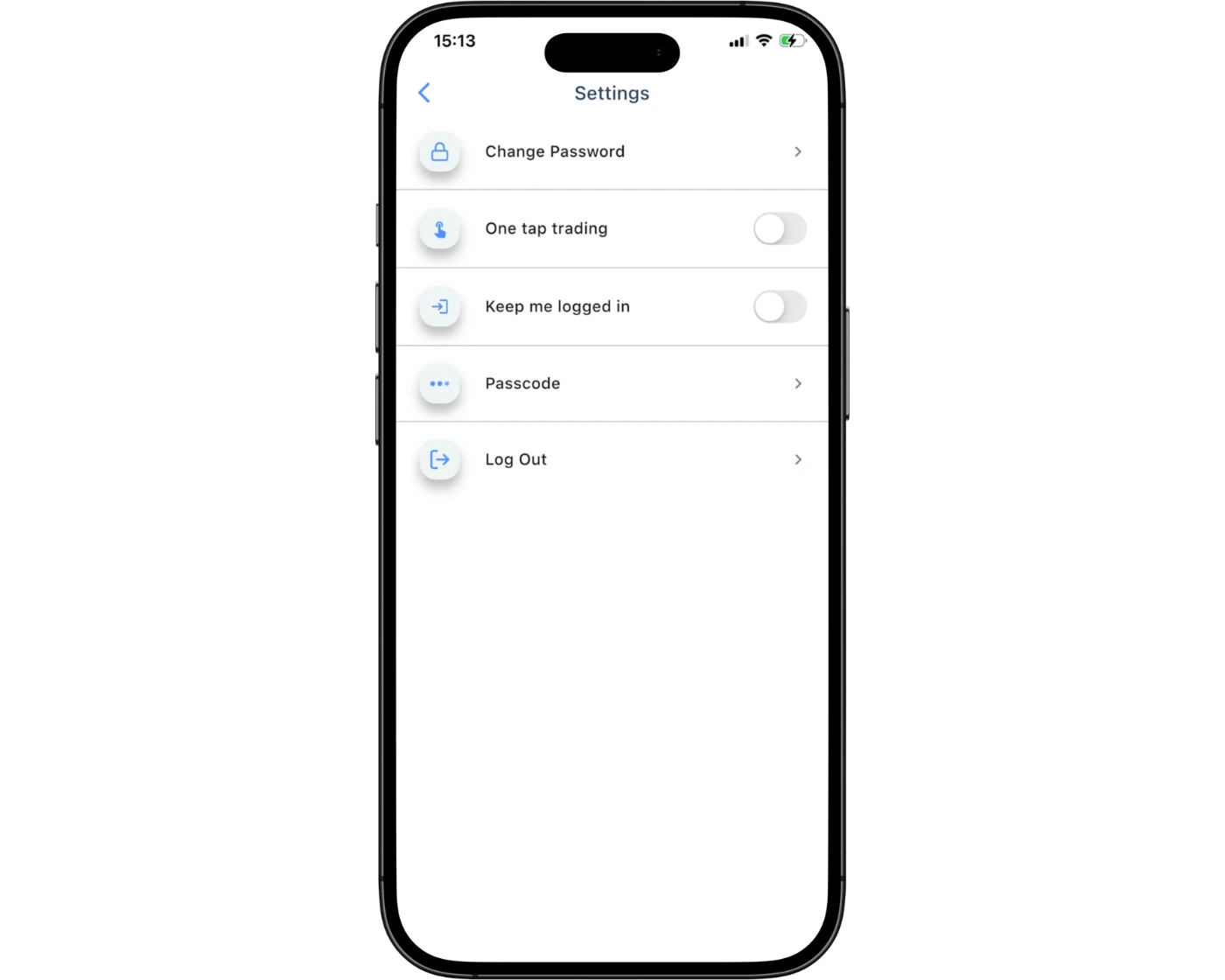 HYCM Review image showing the HYCM Trader mobile app settings page, including account, chart, and notification settings.