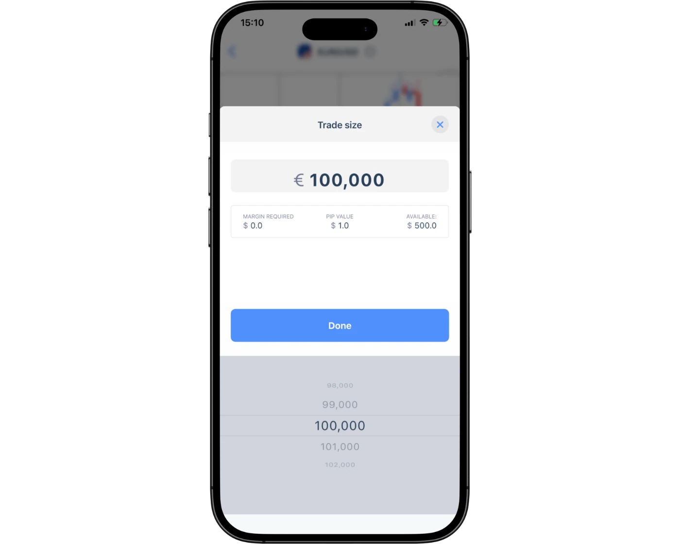 HYCM Review image showing the HYCM Trader mobile app orders page, including instrument selection, lot size, stop loss, take profit, and buy/sell options.