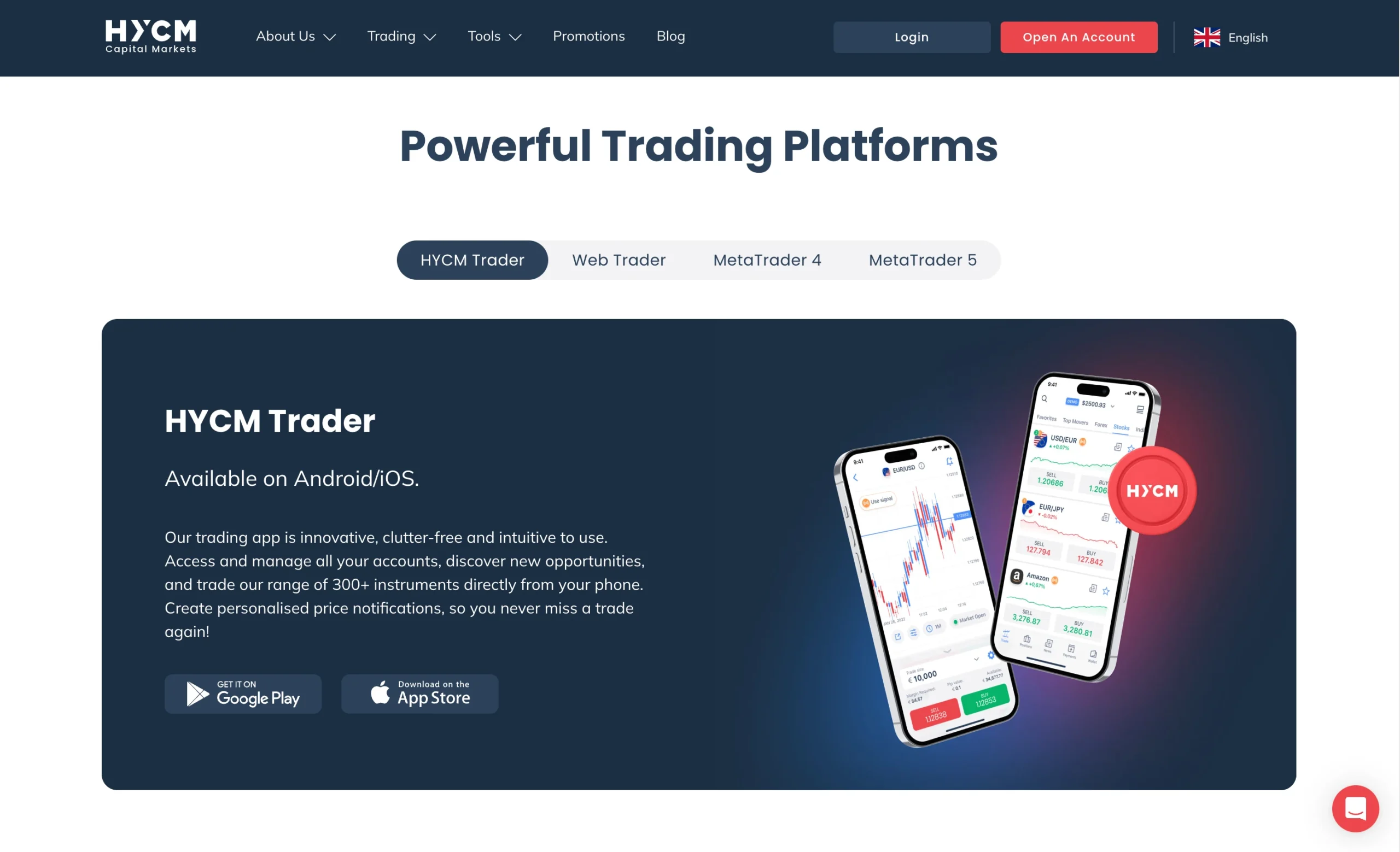 HYCM review image showing the trading platforms available to clients, including MetaTrader 4, MetaTrader5, Web Trader and the HYCM Trader Mobile App.
