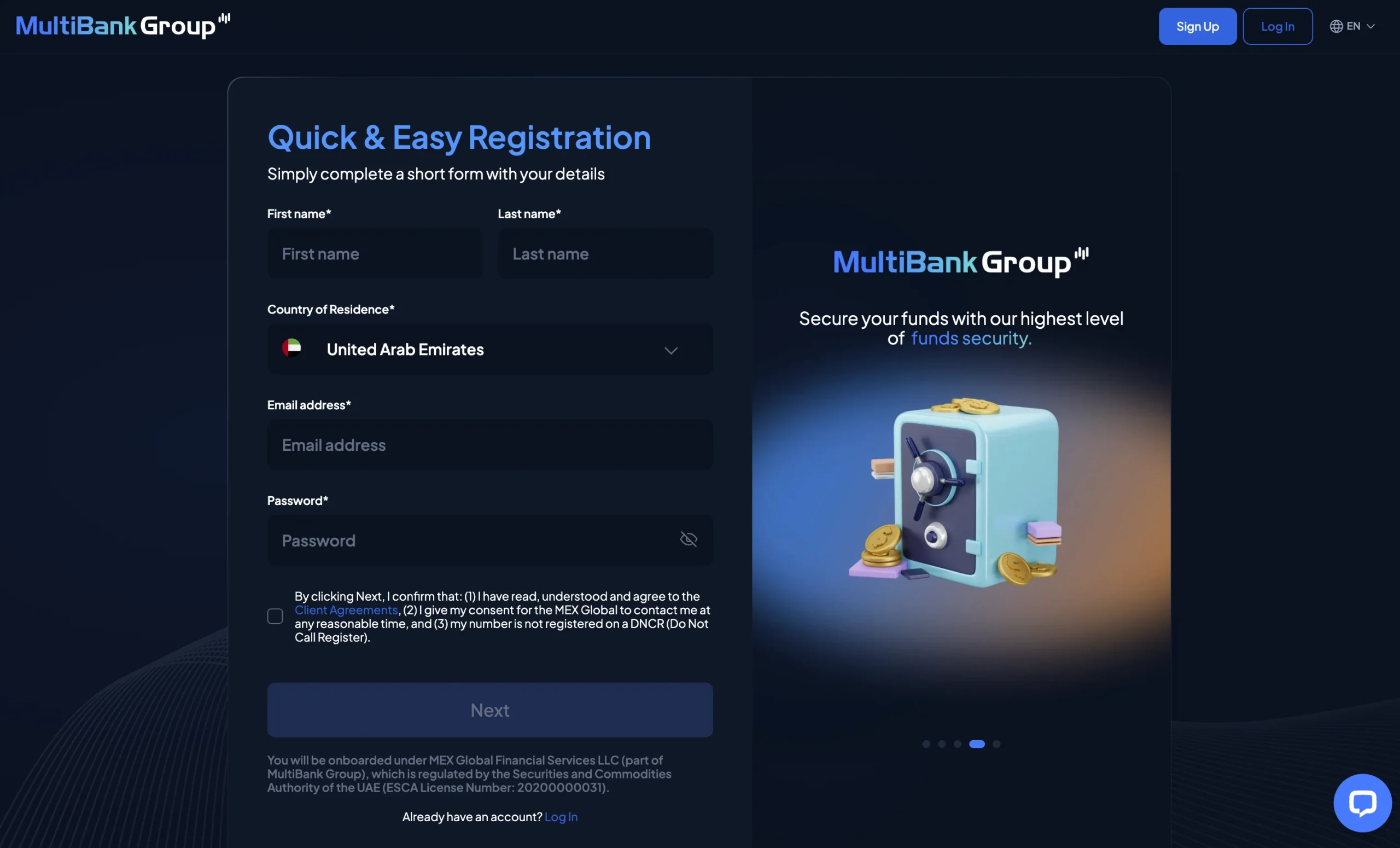 MultiBank Group review image showing the account opening page where clients enter personal information to open a trading account.