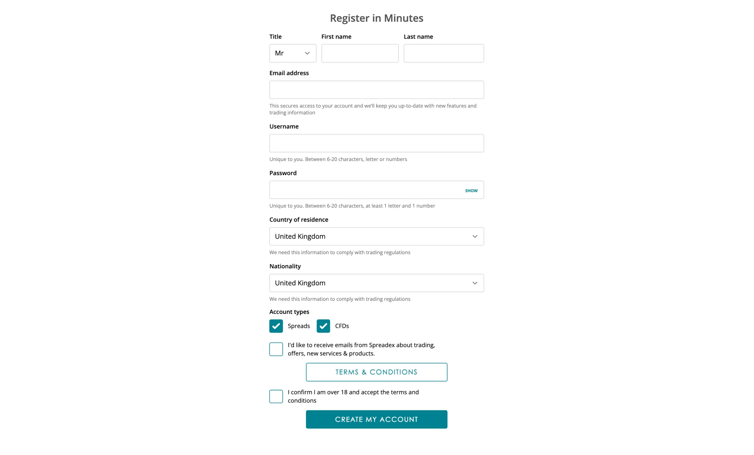 Spreadex review image showing the account opening page where clients enter personal information to open a trading account.