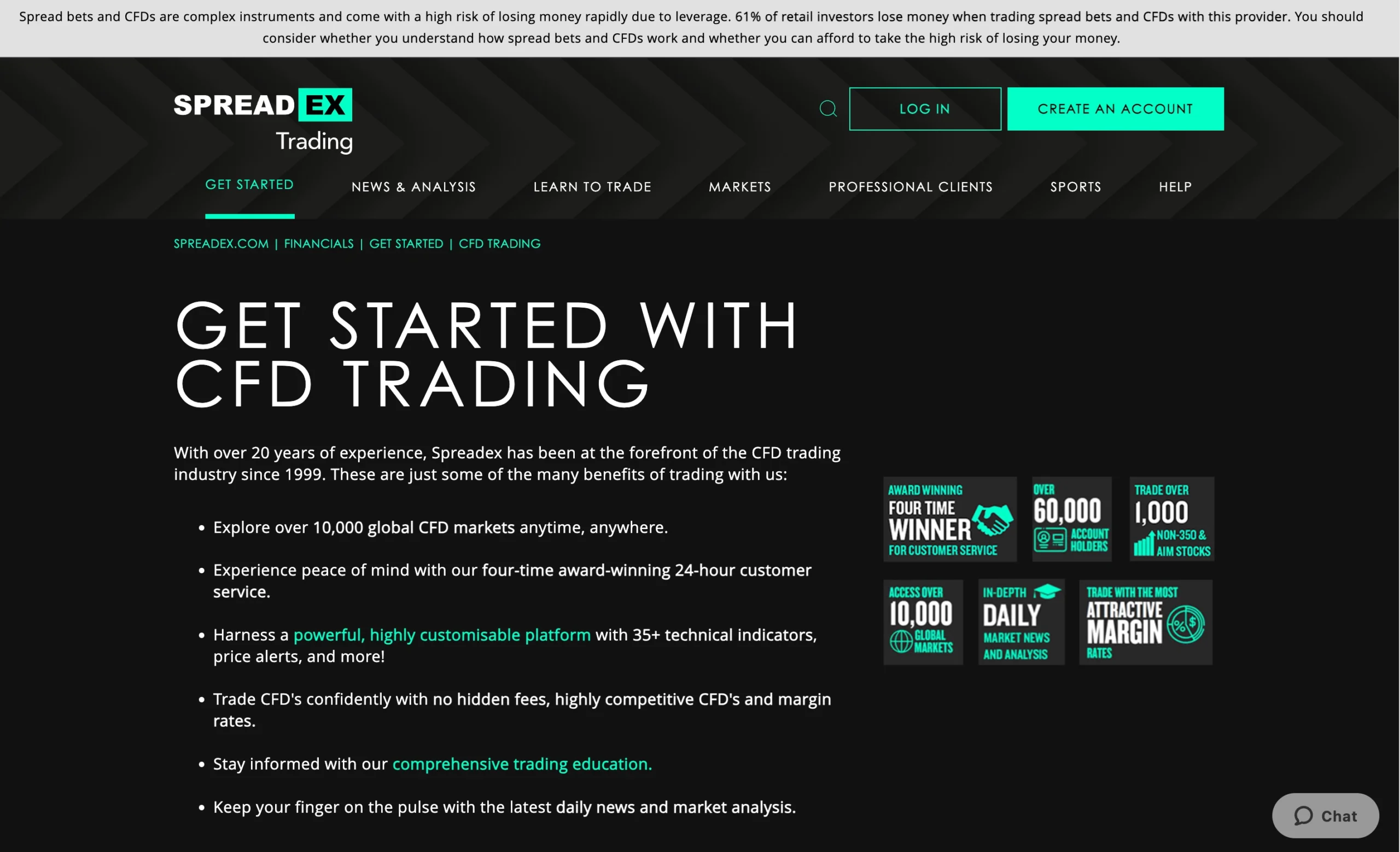 Spreadex review image showing available account types including the CFD Trading Account.