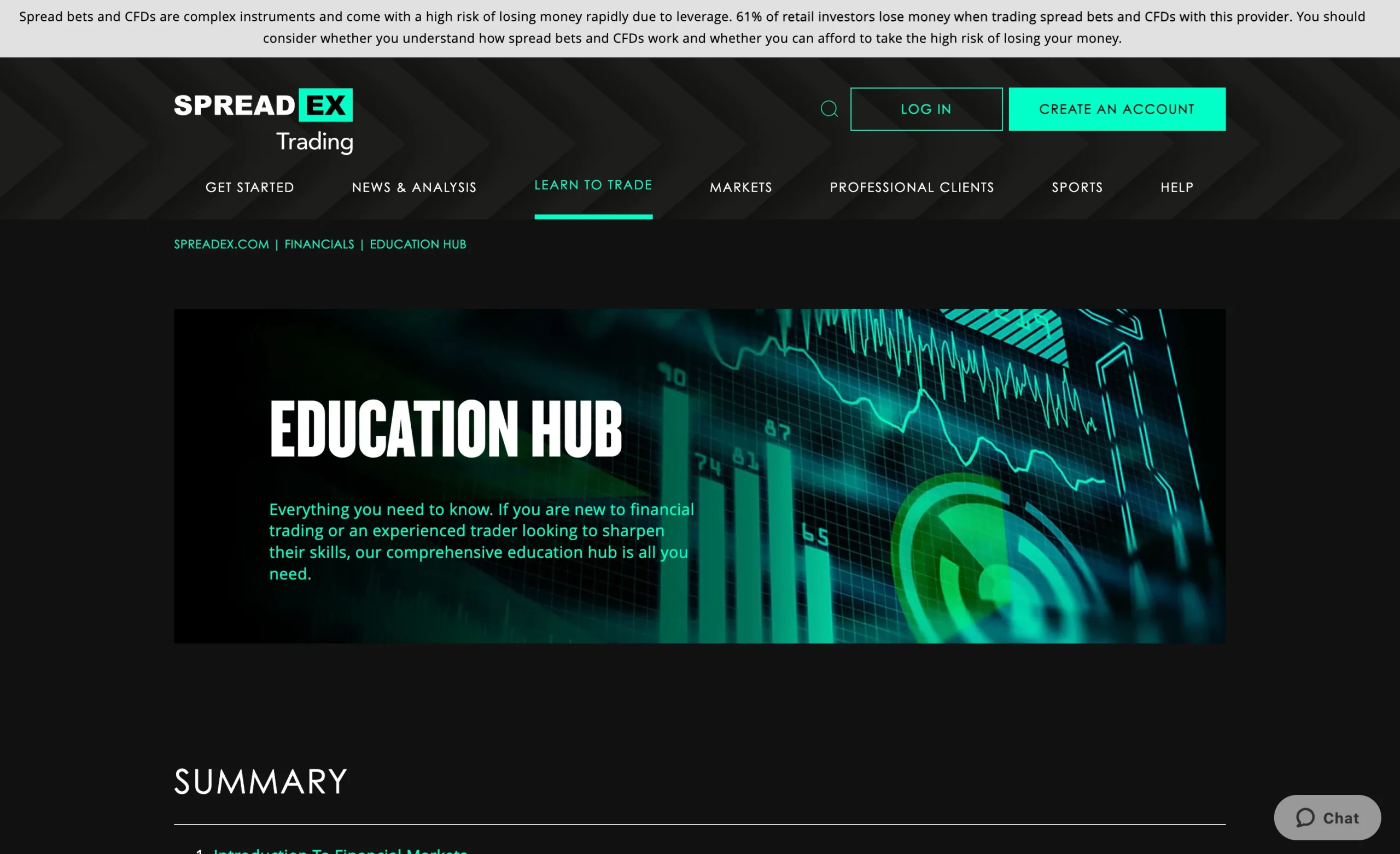 Spreadex review image showing the education page with trading guides and educational material for clients.