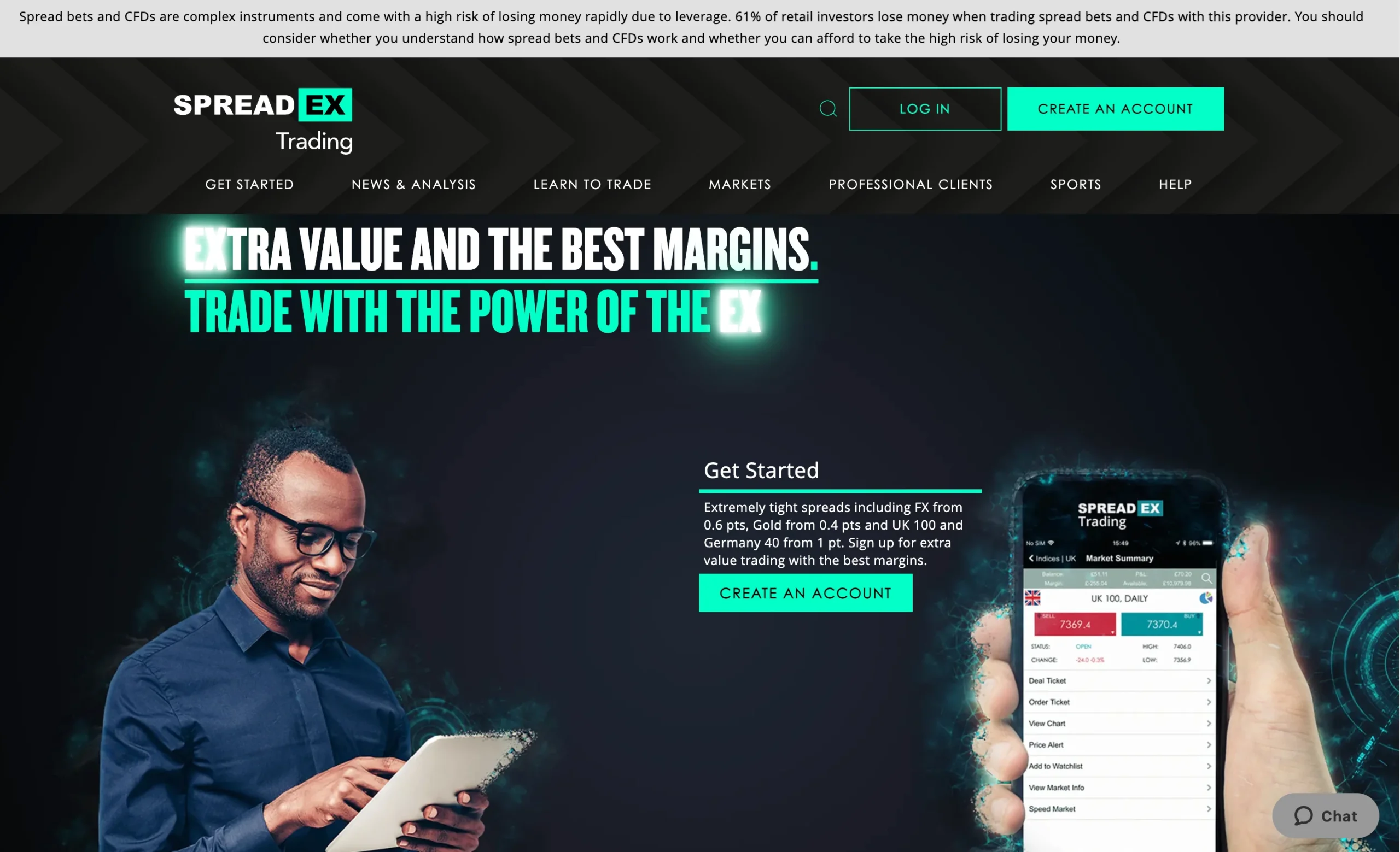 Spreadex review image showing maximum leverage for each tradable instrument, including Commodities, Forex, Indices and Shares