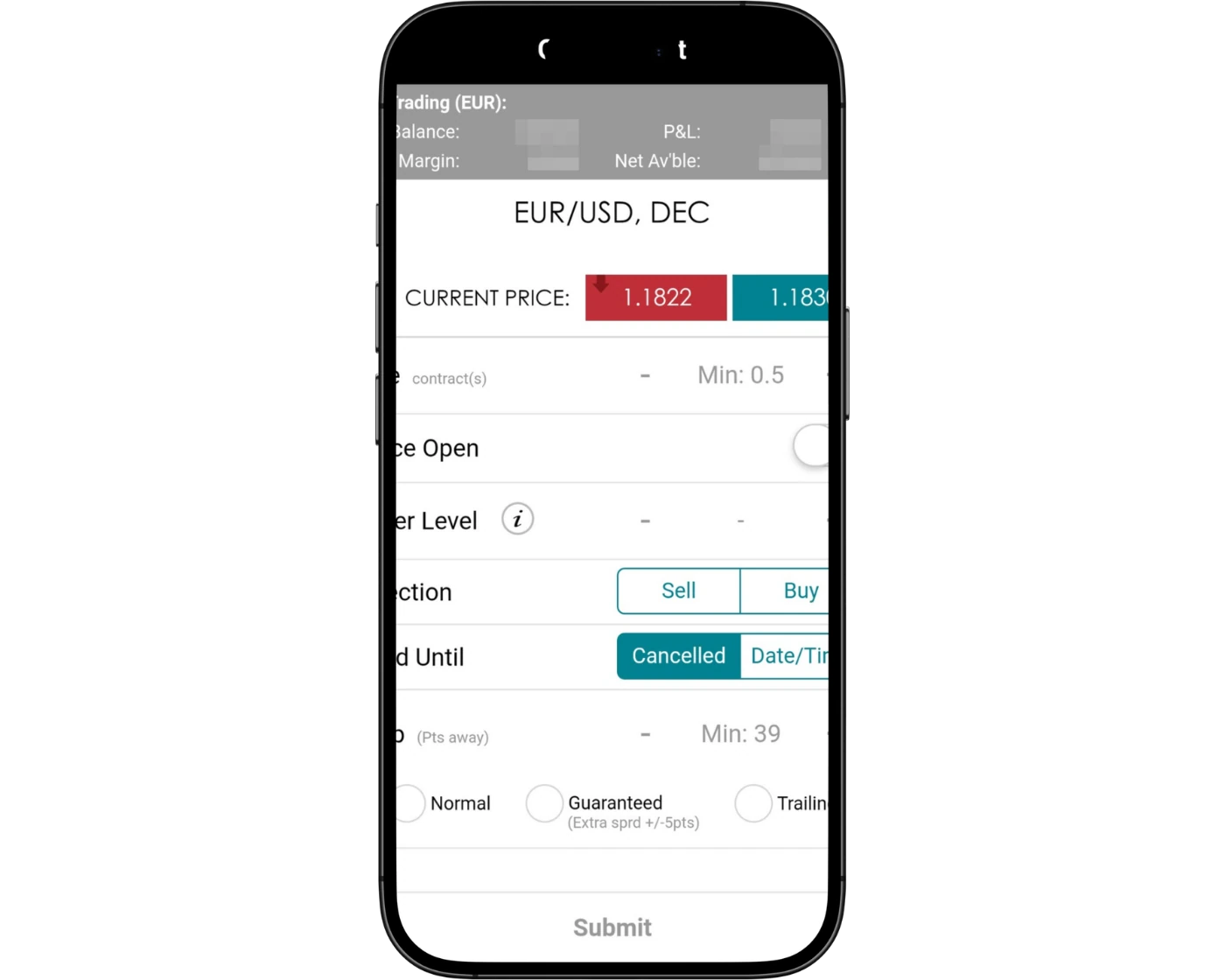 Spreadex Review image showing the Spreadex mobile app orders page, including instrument selection, lot size, stop loss, take profit, and buy/sell options.