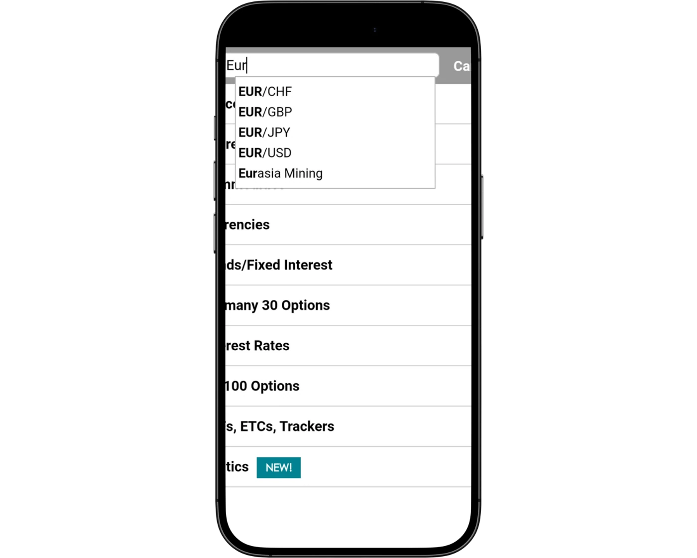 Spreadex review image showing the Spreadex mobile app search functions with a search bar to find trading instruments.