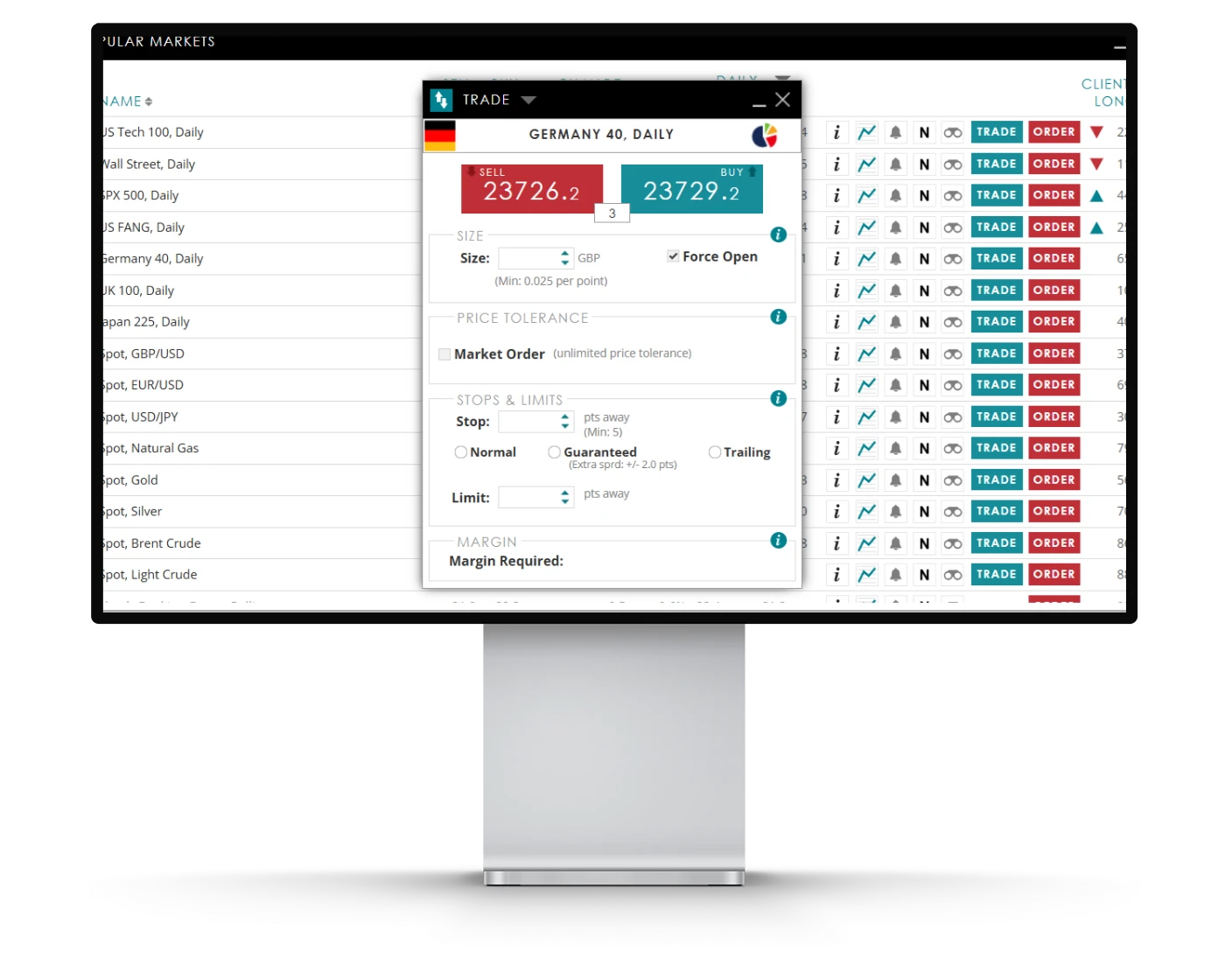 Spreadex review image showing how to place orders and open trades on the Spreadex Platform trading platform.