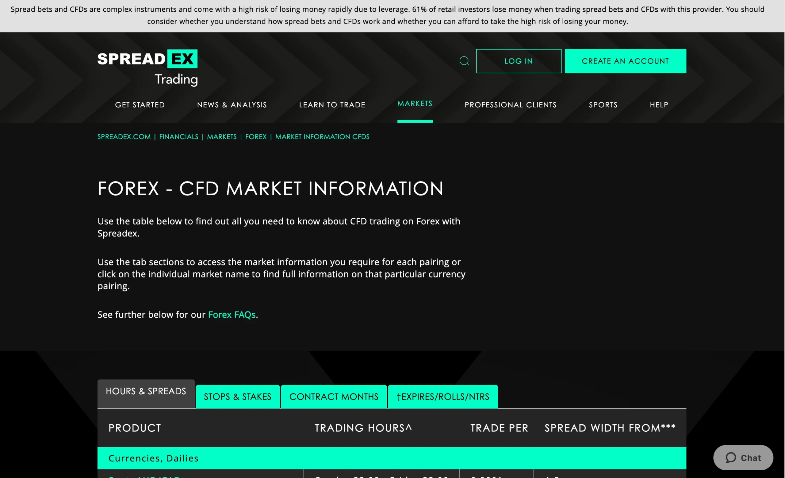 Spreadex review image showing the broker’s trading fees, including live spreads, commissions, and swap rates across Forex, Indices, Commodities and Shares.