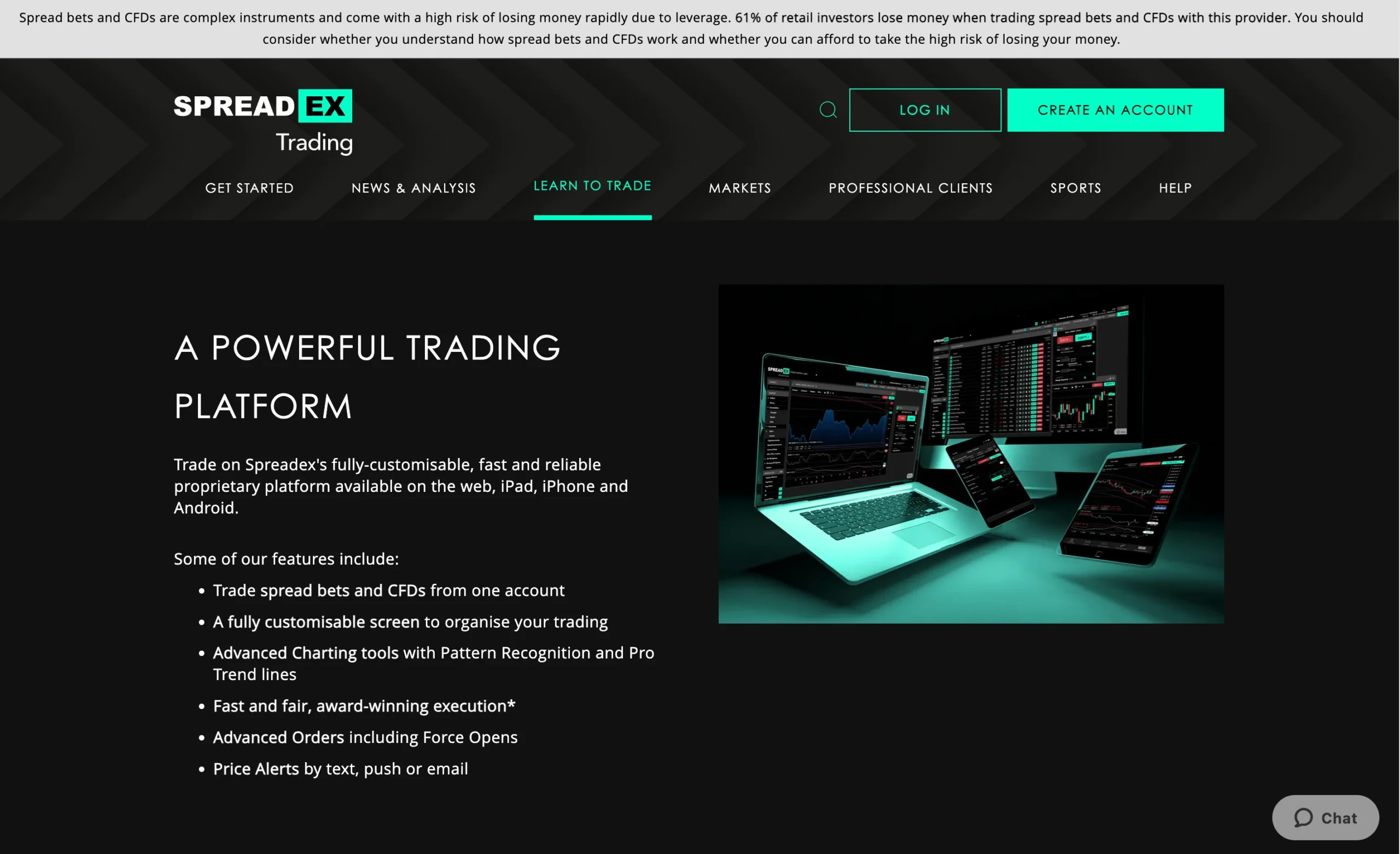 Spreadex review image showing the trading platforms available to clients, including TradingView and the Spreadex Platform.