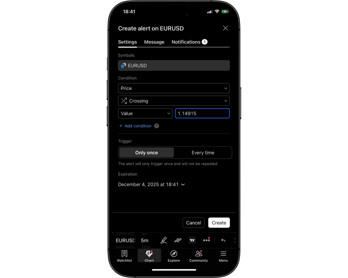 Spreadex Review image showing the TradingView mobile app Price Alert page where users can set alerts and notifications on the trading instruments.