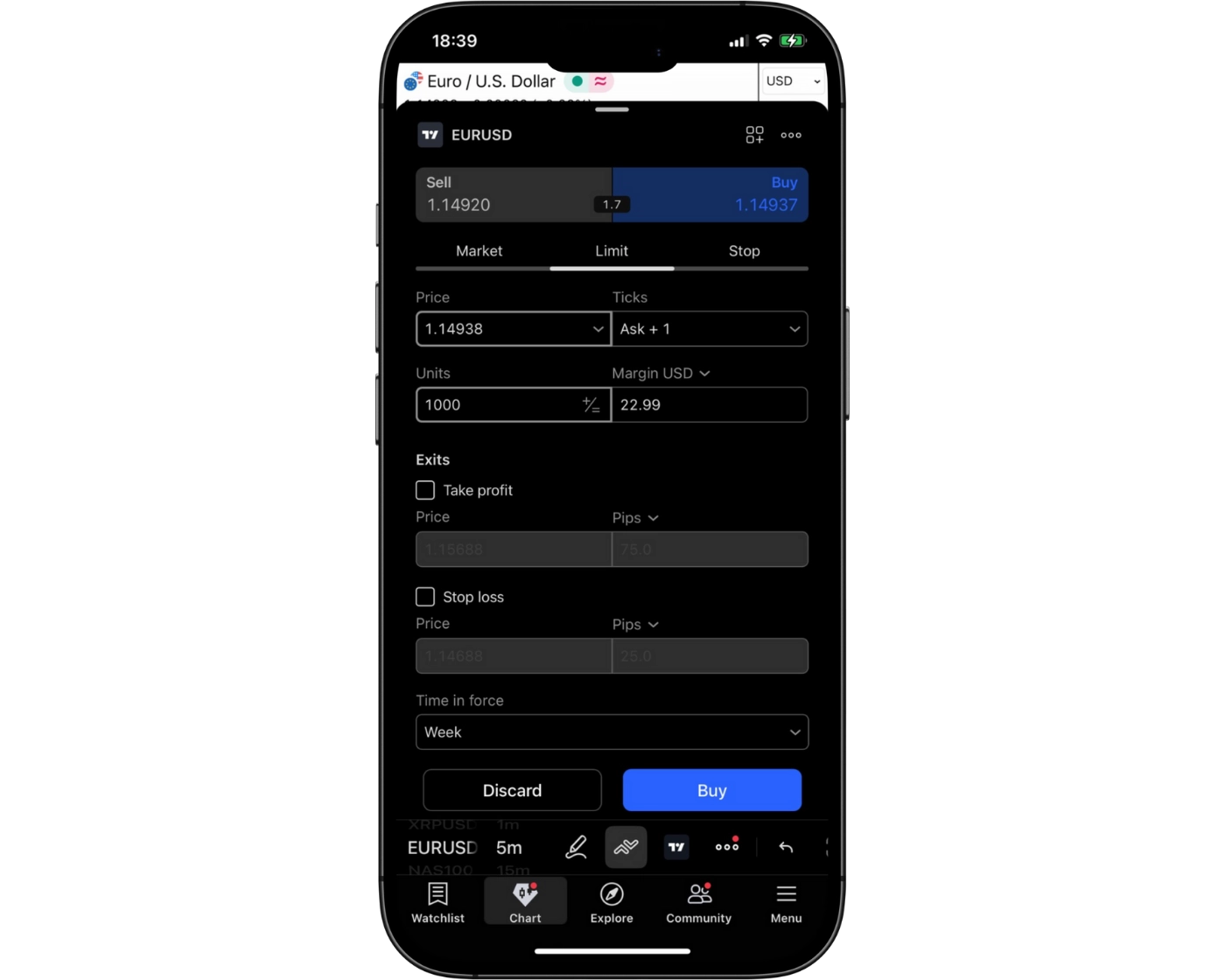 Spreadex Review image showing the TradingView mobile app orders page, including instrument selection, lot size, stop loss, take profit, and buy/sell options.