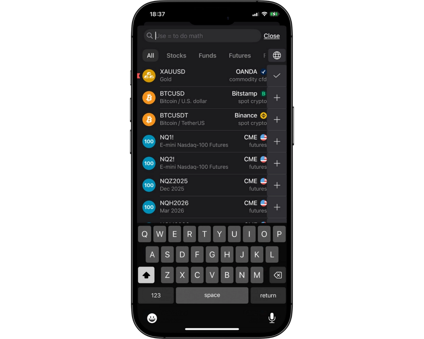 Spreadex review image showing the TradingView mobile app search functions with a search bar to find trading instruments.