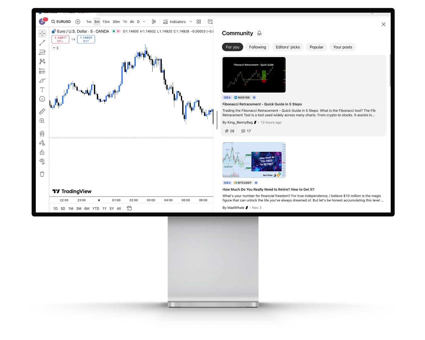 Spreadex review image showing TradingView Community where users can see other traders analysis and trading ideas, and network with other traders.