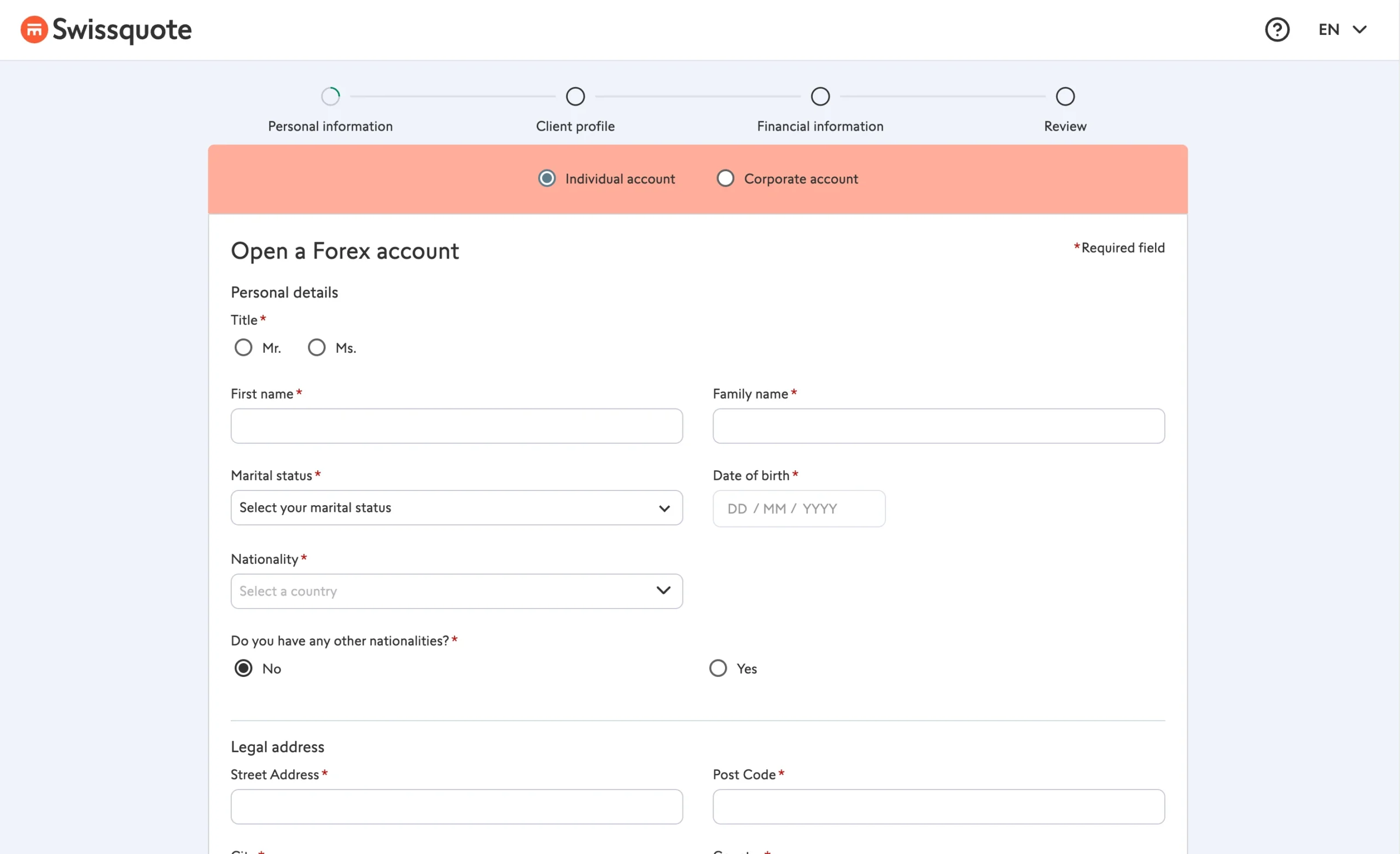 Swissquote review image showing the account opening page where clients enter personal information to open a trading account.