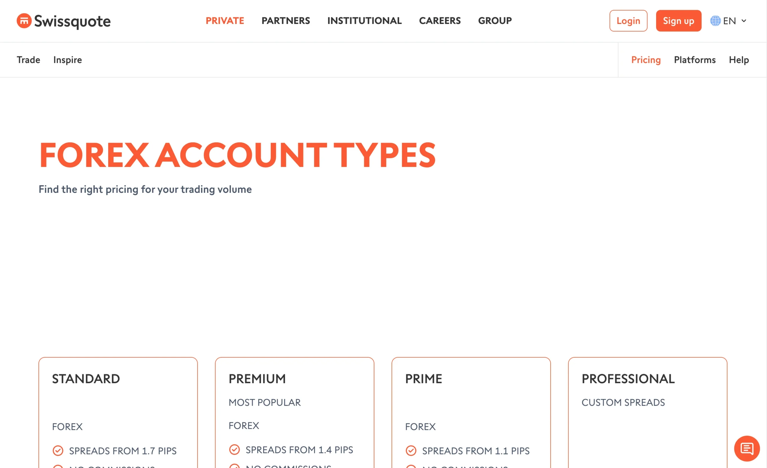 Swissquote review image showing available account types including the Standard, Premium, Prime and Professional accounts.