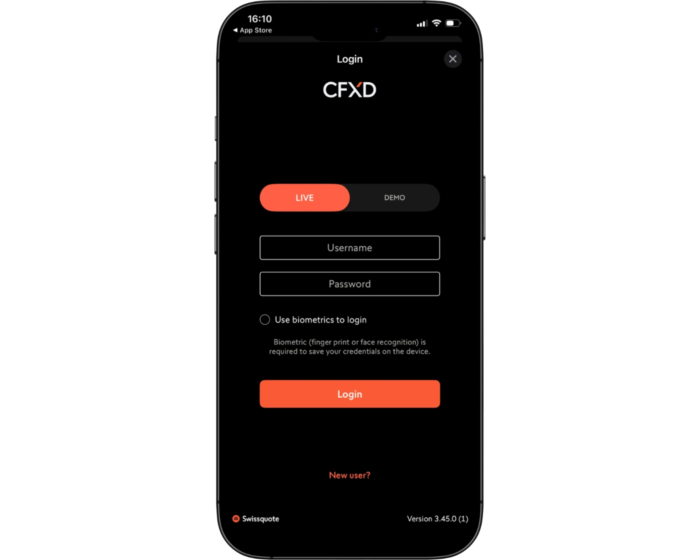 Swissquote review image showing the CFXD login page where clients enter their login number and password.