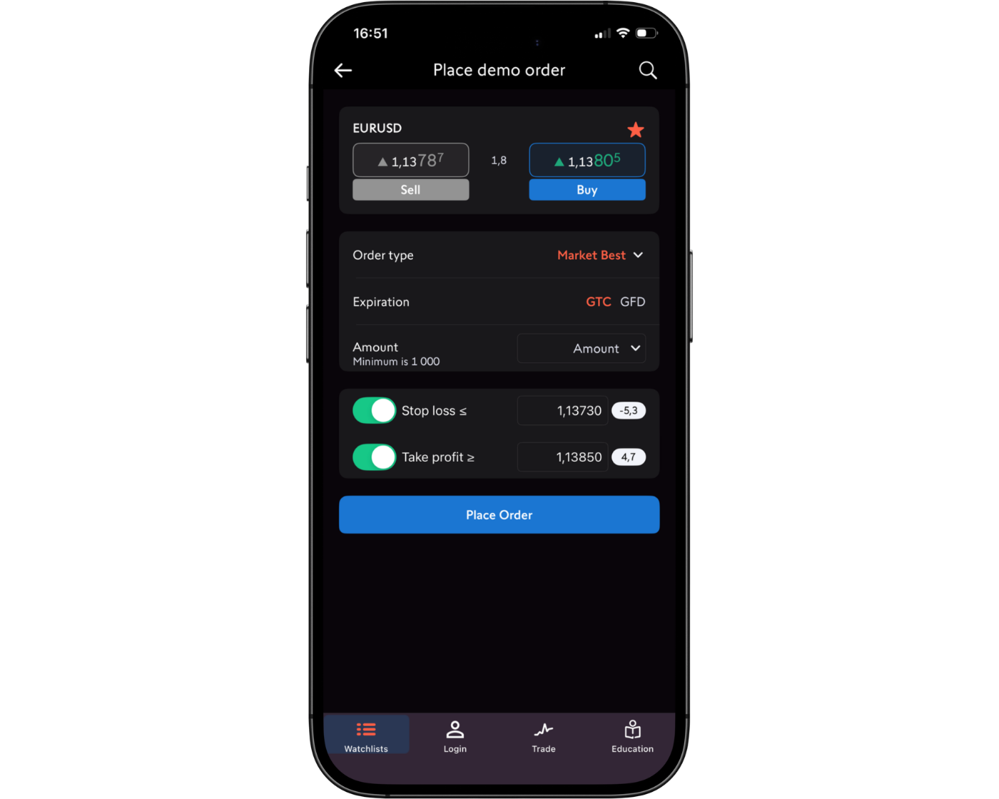 Swissquote Review image showing the CFXD mobile app orders page, including instrument selection, lot size, stop loss, take profit, and buy/sell options.