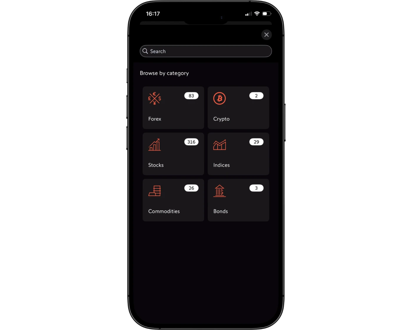 Swissquote review image showing the CFXD mobile app search functions with a search bar to find trading instruments.