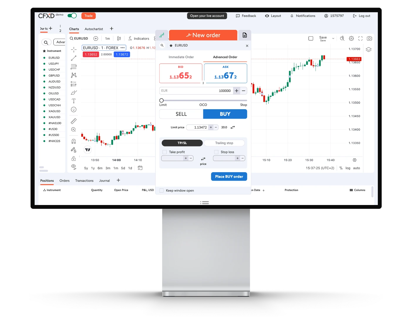 Swissquote review image showing how to place orders and open trades on the CFXD trading platform.