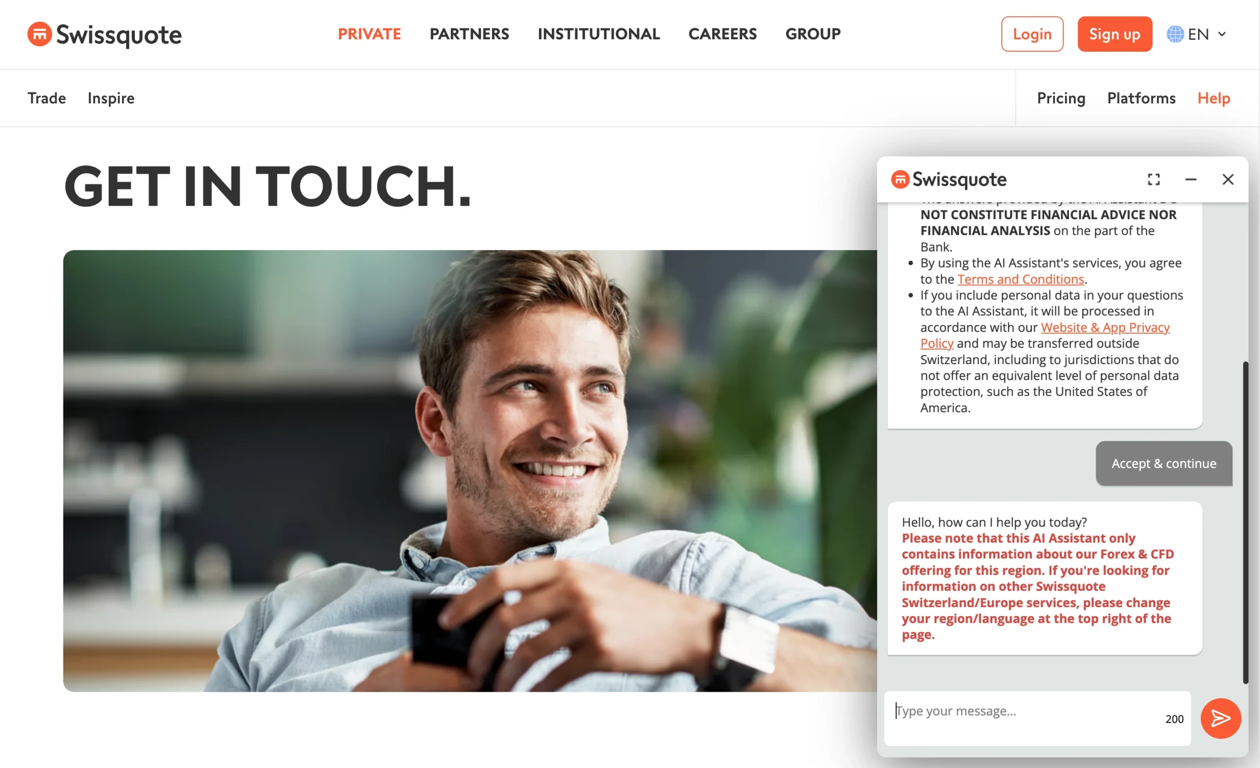 Swissquote review image showing customer support options including a contact form, live chat, phone numbers, and help centre.