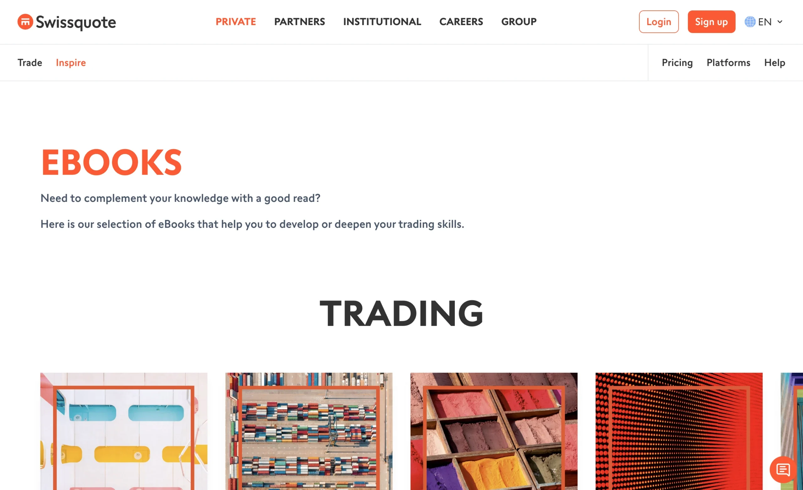 Swissquote review image showing the education page with trading guides and educational material for clients.