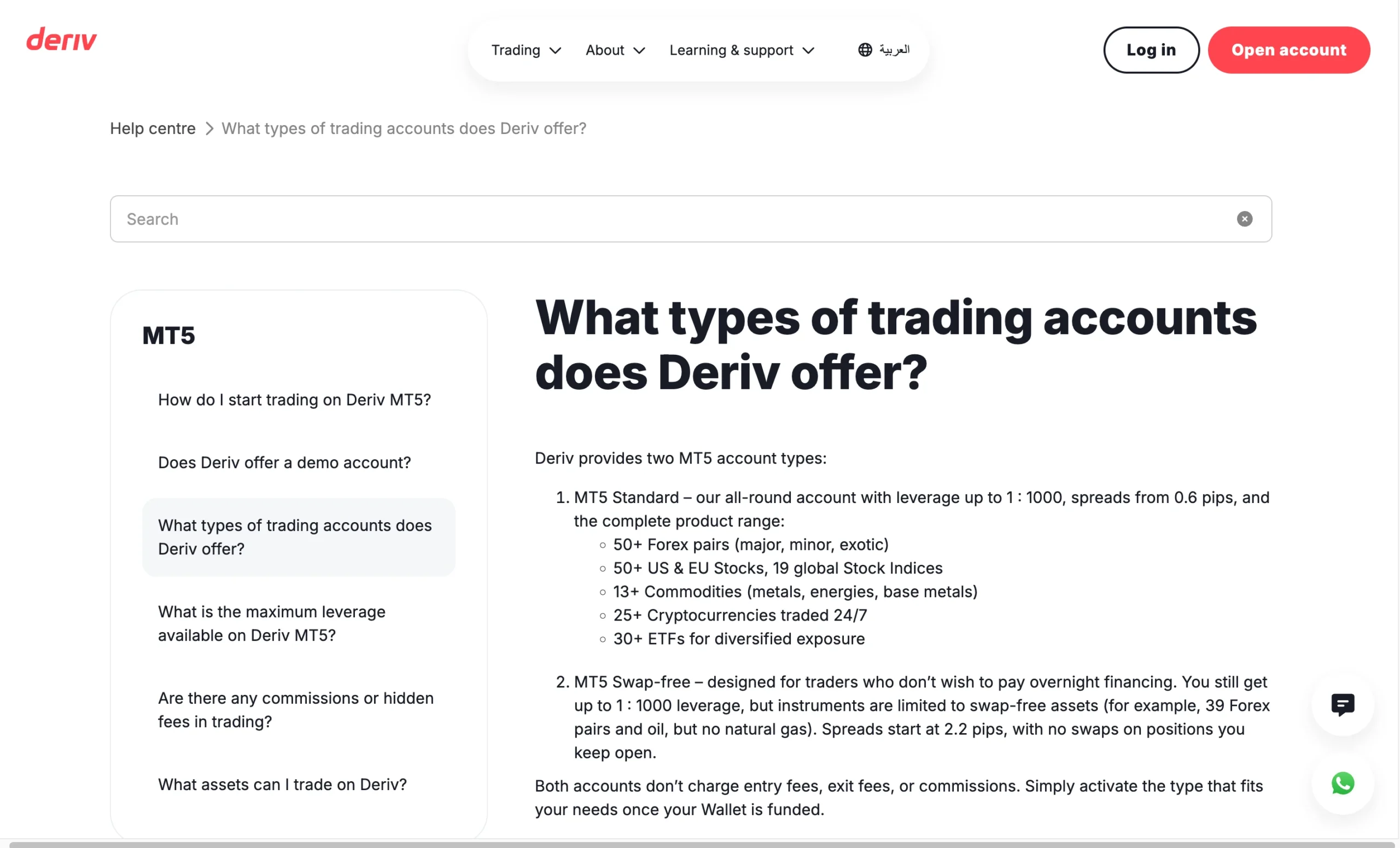 Deriv review image showing available account types including the Standard, Financial, Swap-Free, Zero Spread, Gold and Deriv cTrader accounts.