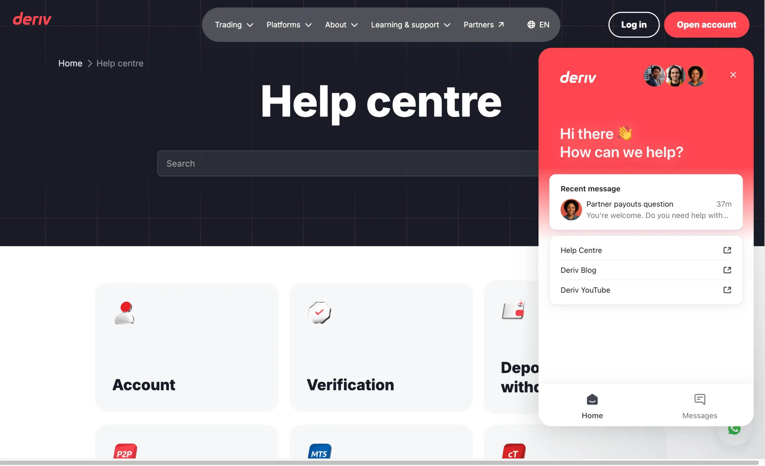 Deriv review image showing customer support options including a contact form, live chat, phone numbers, WhatsApp and help centre.