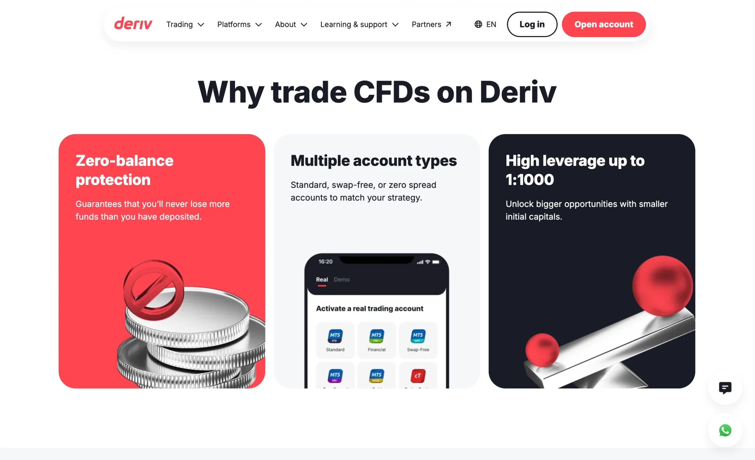 Deriv review image showing maximum leverage for each tradable instrument, including Forex, Crypto, Indices, Metal and Commodities, Indices, Synthetic Indices, ETFs and Stocks.