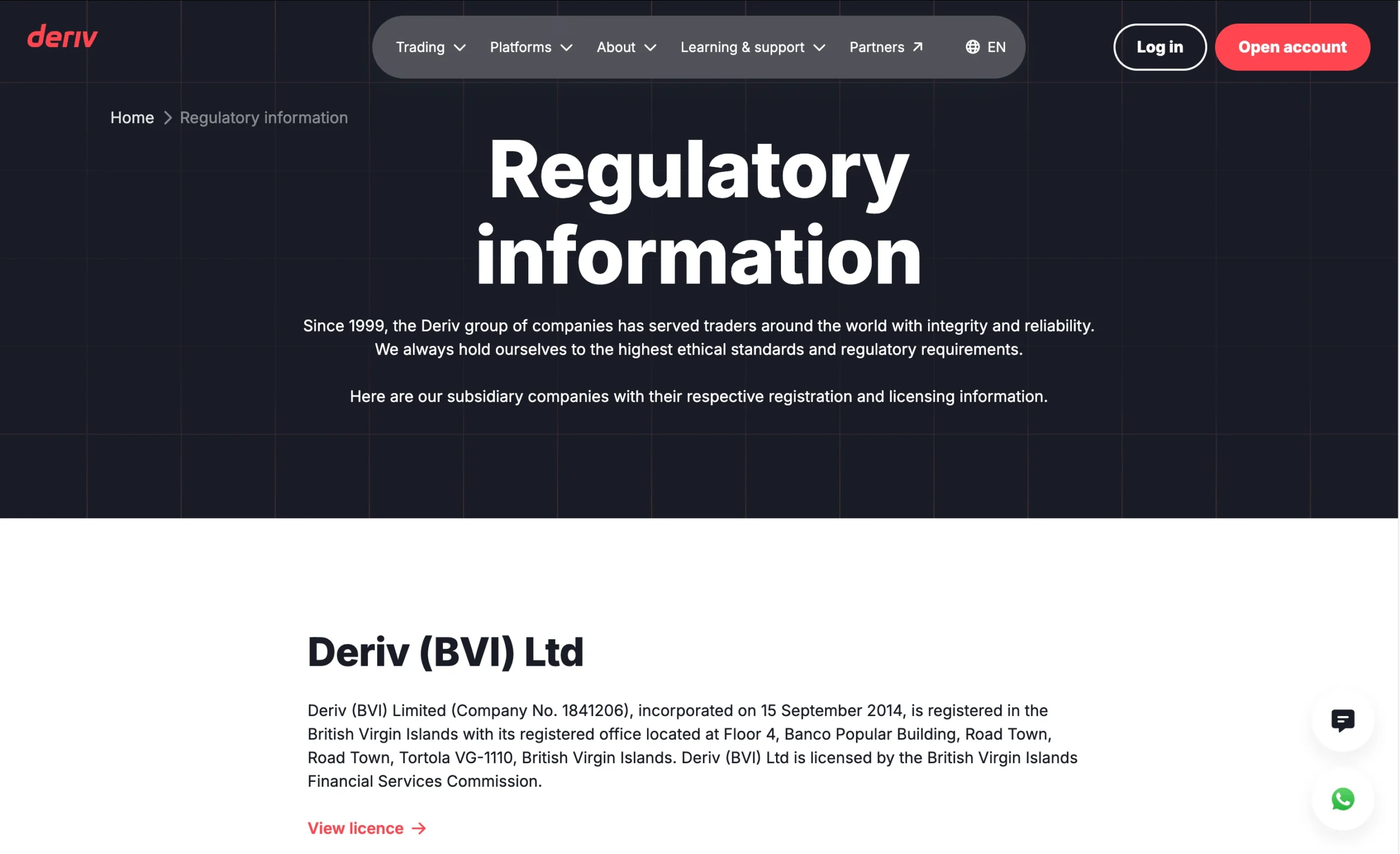 Deriv regulation page showing office addresses, regulators, license numbers, and client money protection details for jurisdictions including FSA, FSC Mauritius, FSC BVI, VFSC, SCA and CIMA.
