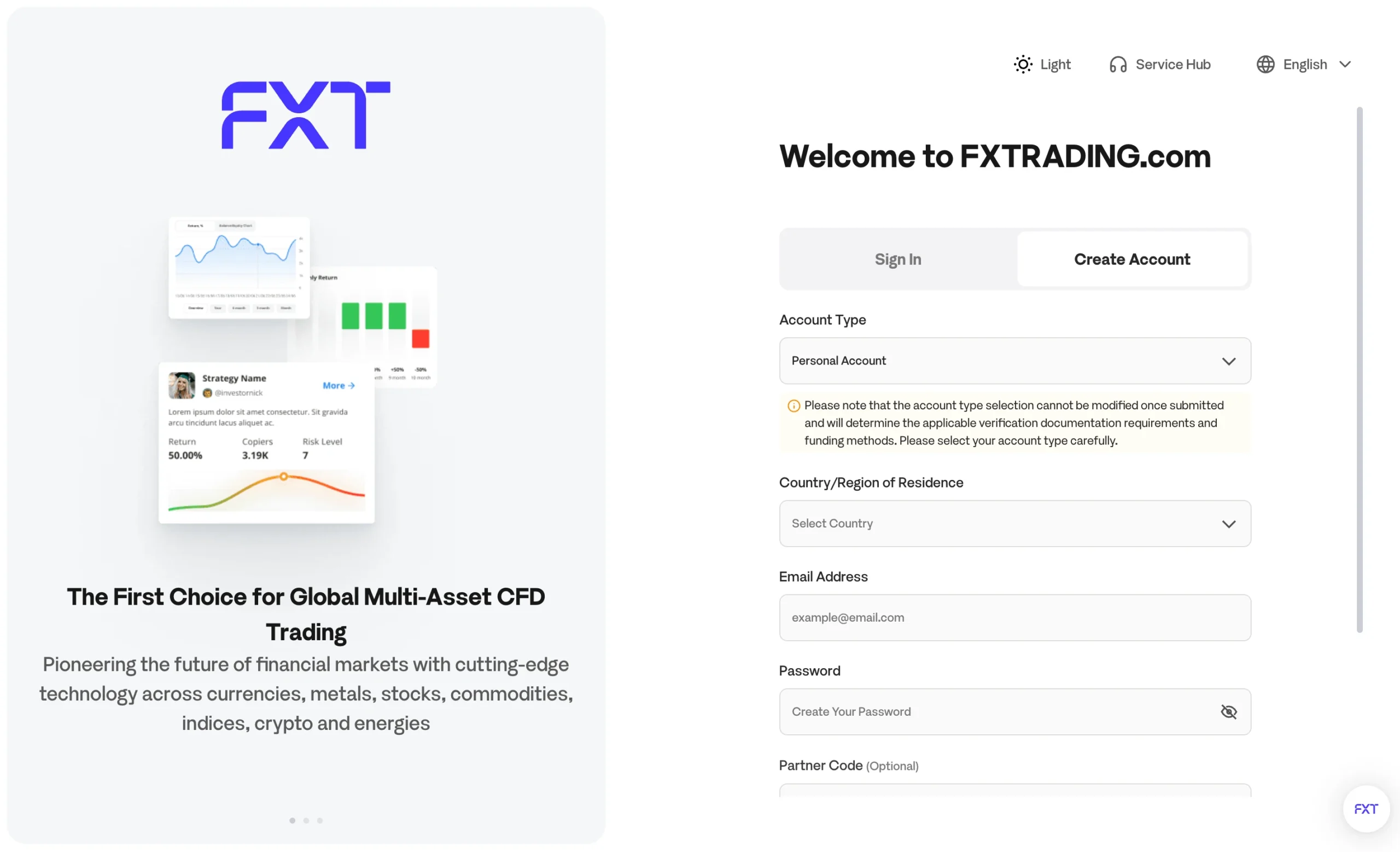 FXTRADING.com review image showing the account opening page where clients enter personal information to open a trading account.