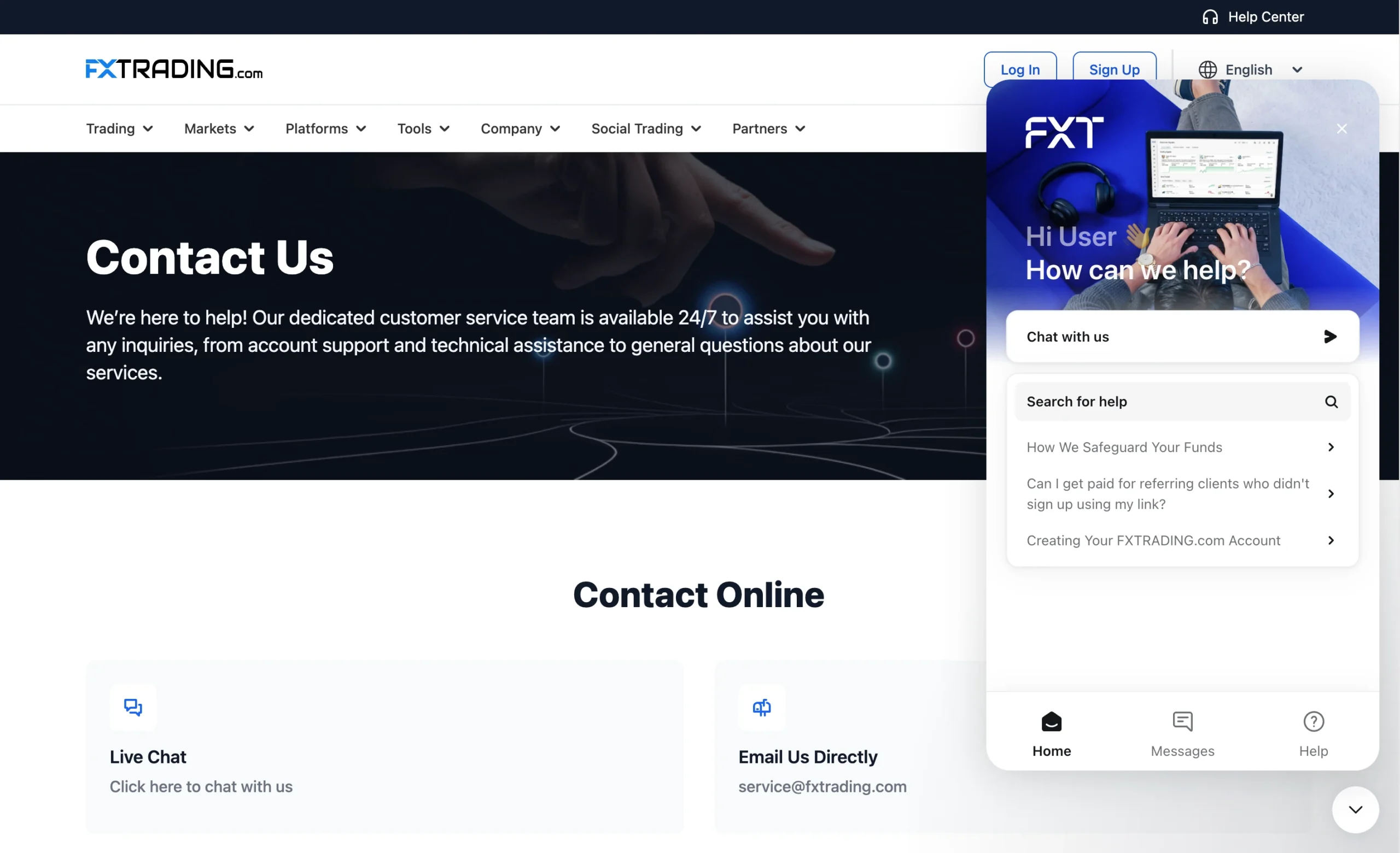 FXTRADING.com review image showing customer support options including a contact form, live chat, phone numbers, and help centre.
