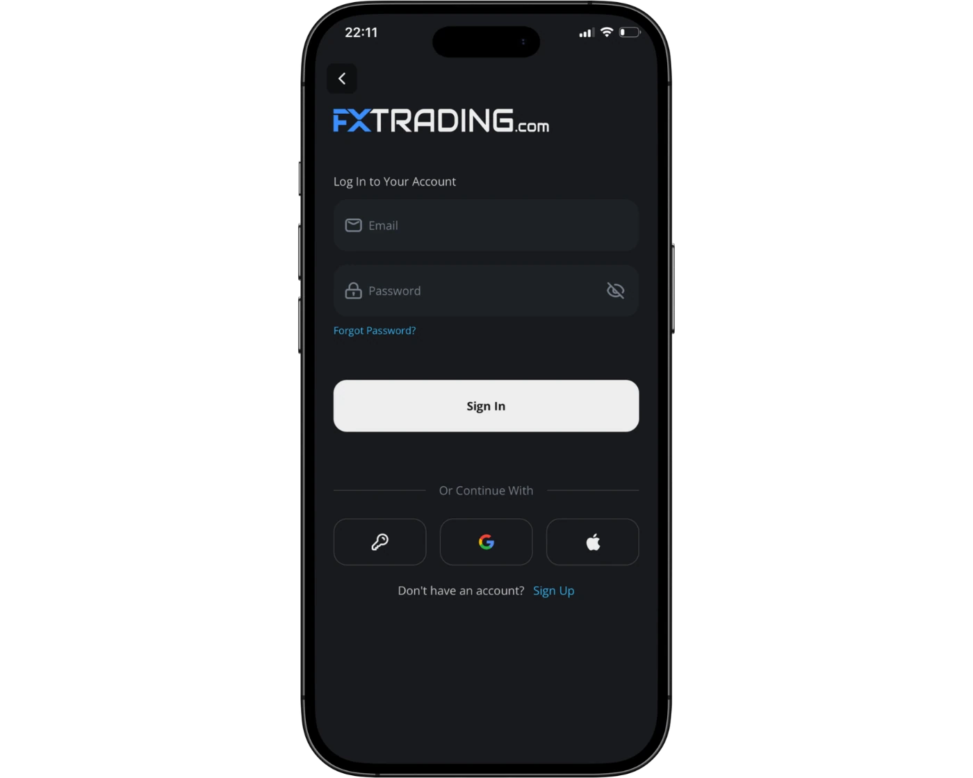 FXTRADING.com review image showing the FXT Trading App login page where clients enter their login number, server, and password.