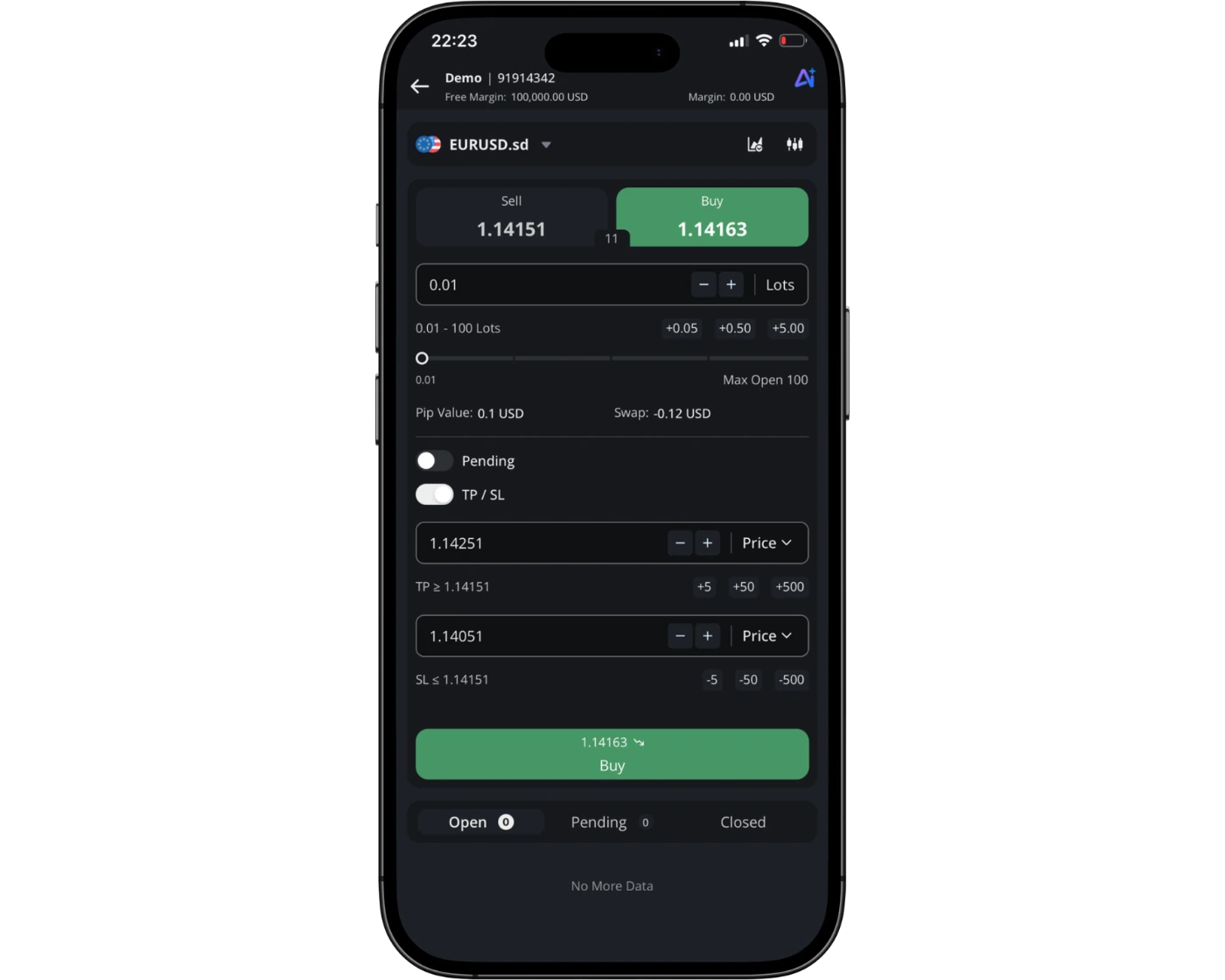 FXTRADING.com Review image showing the FXT Trading App orders page, including instrument selection, lot size, stop loss, take profit, and buy/sell options.