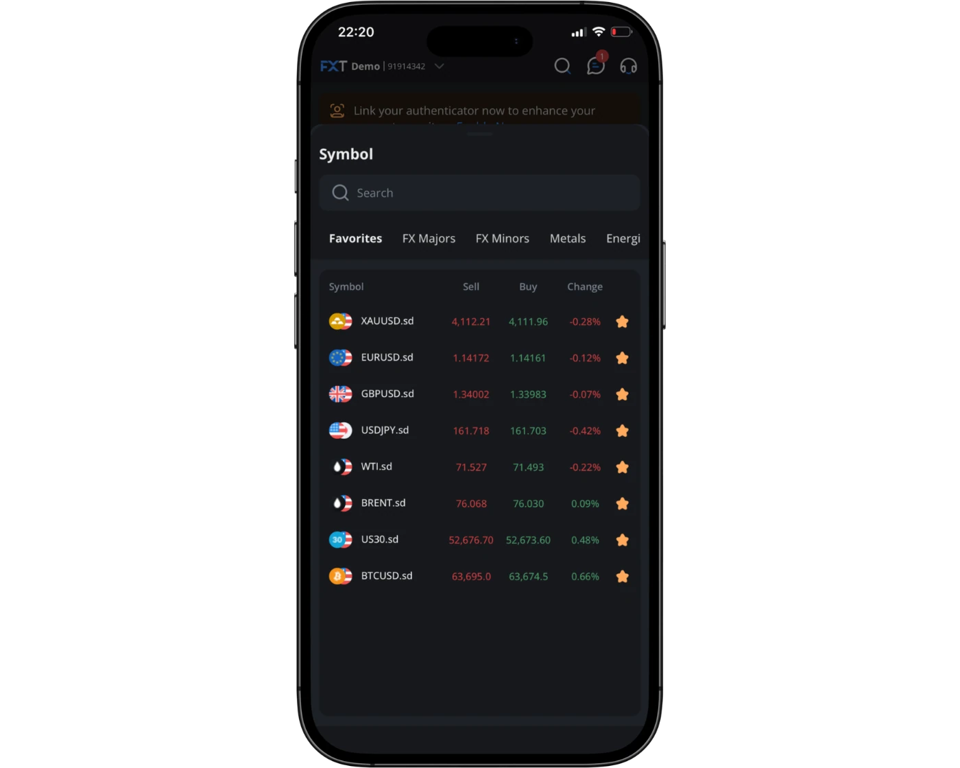 FXTRADING.com review image showing the FXT Trading App search functions with a search bar to find trading instruments.
