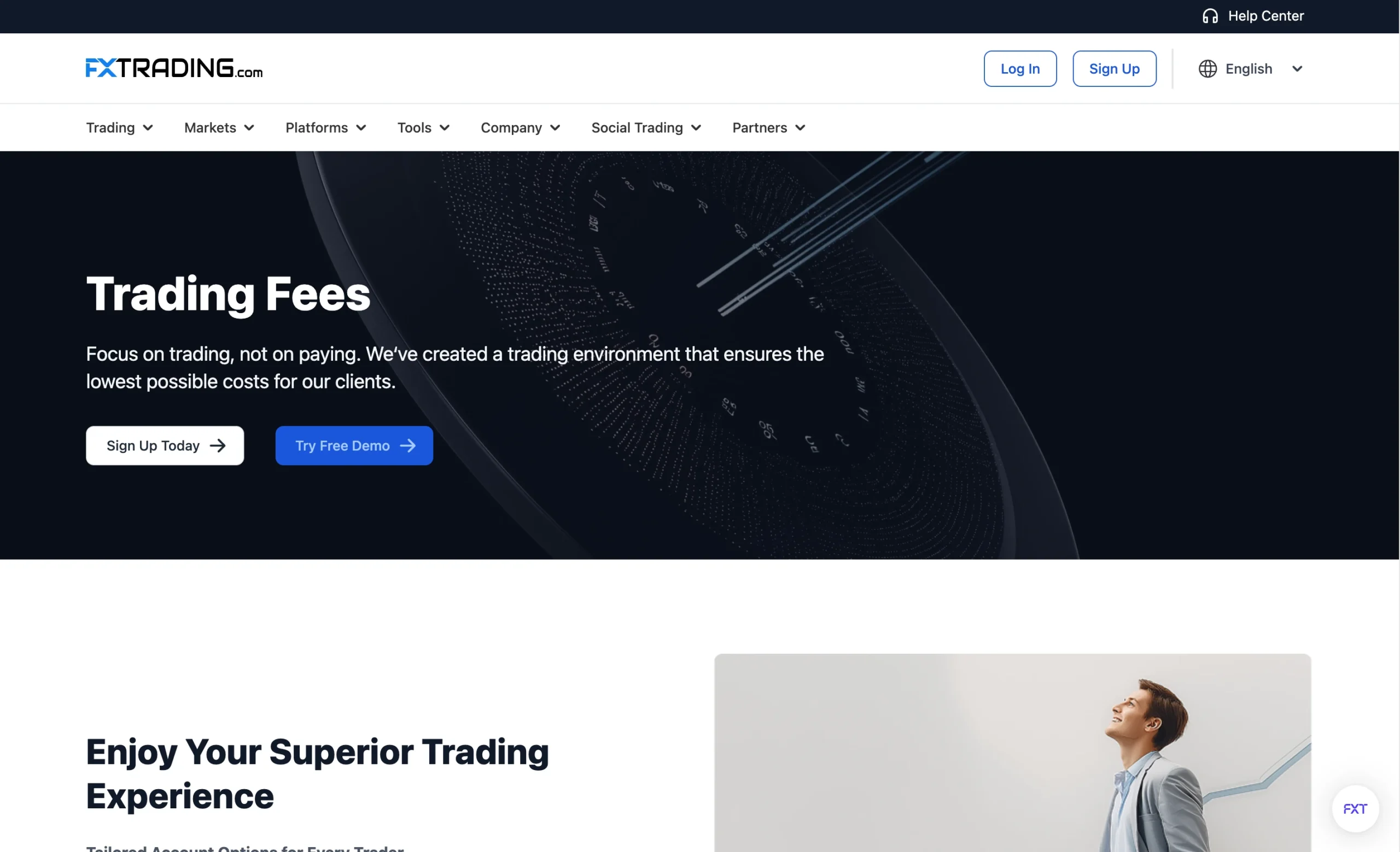 FXTRADING.com review image showing the broker’s trading fees, including live spreads, commissions, and swap rates across Forex, Indices, Metals, Stocks, Crypto and Energies.