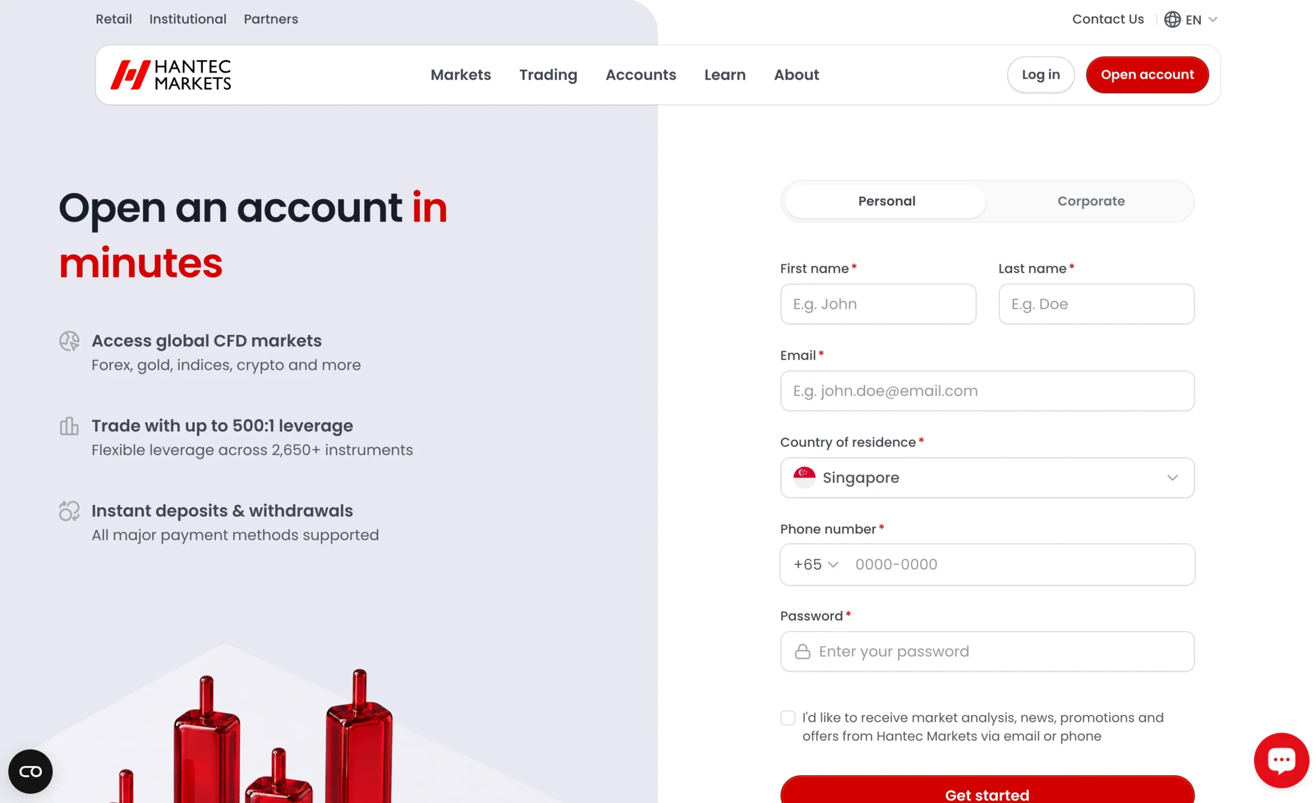 Hantec Markets review image showing the account opening page where clients enter personal information to open a trading account.