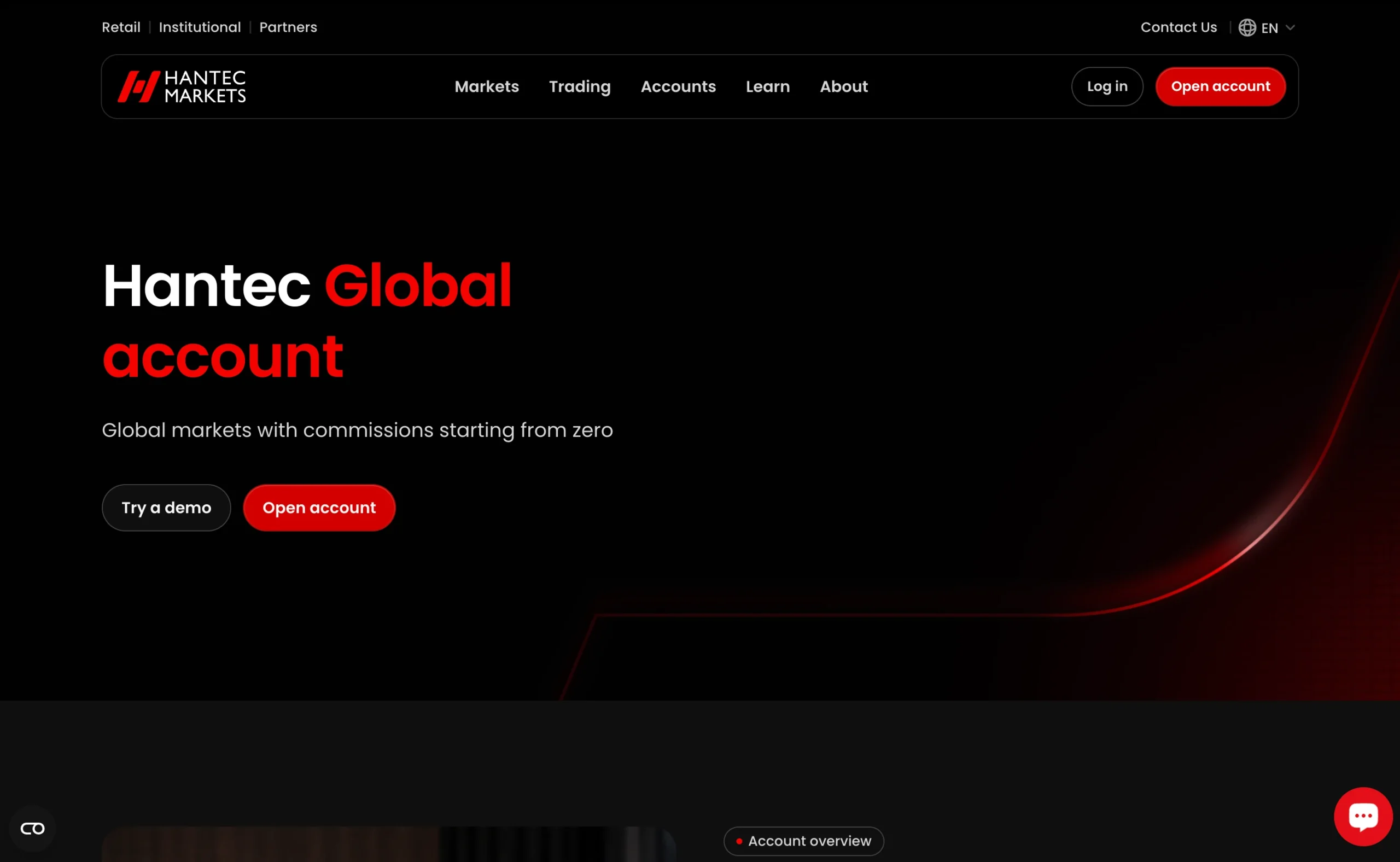 Hantec Markets review image showing available account types including the Global, Pro and Cent accounts.