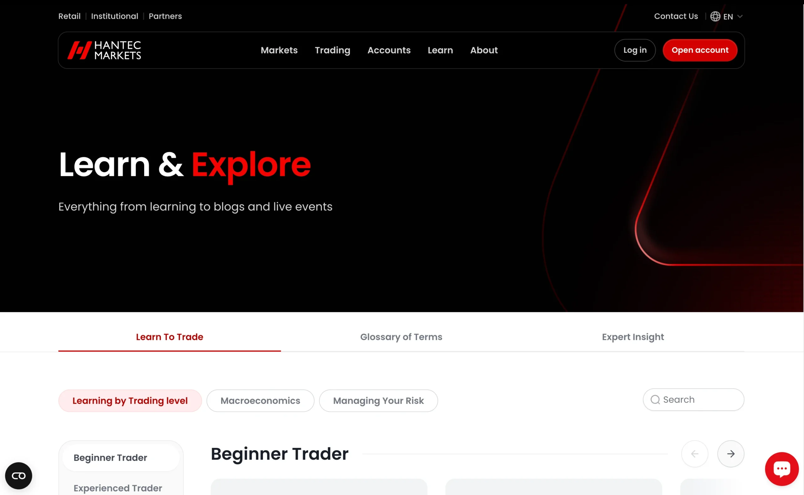 Hantec Markets review image showing the education page with trading guides and educational material for clients.