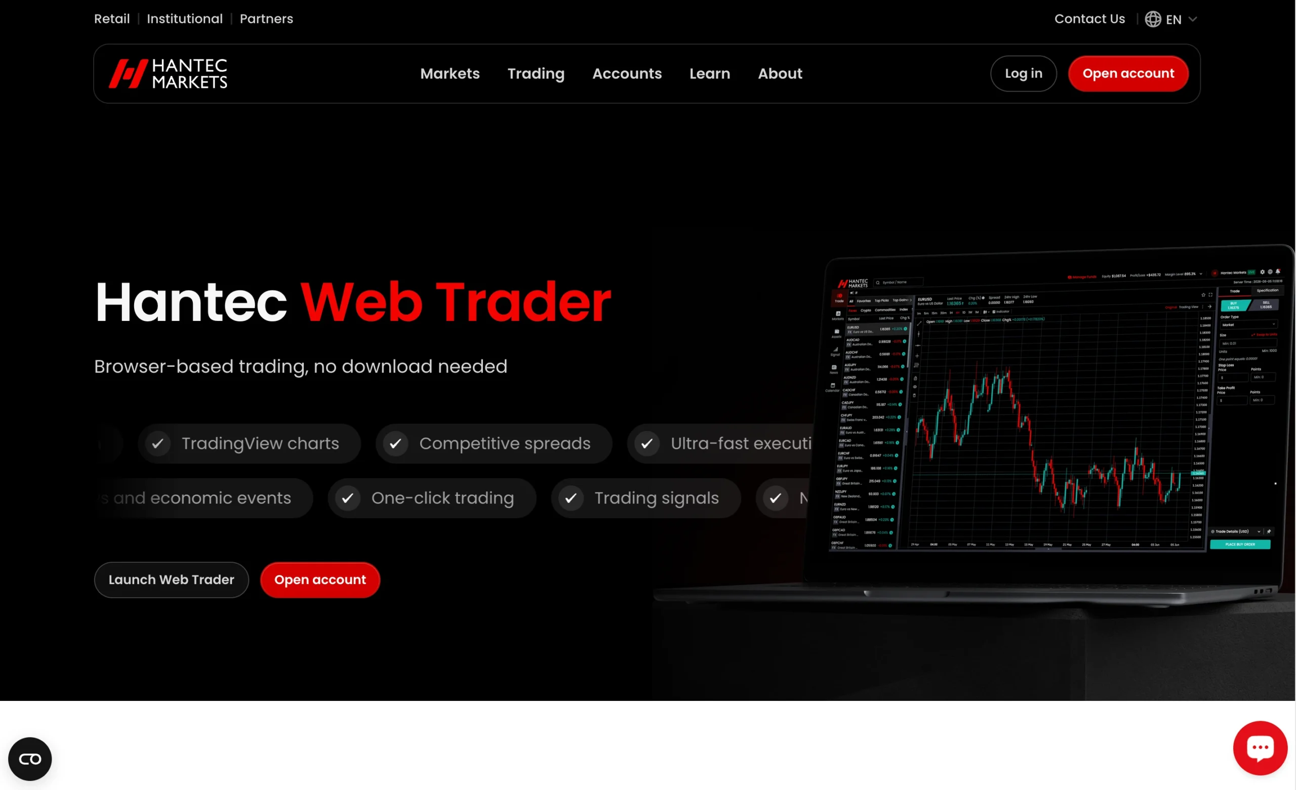 Hantec Markets review image showing the trading platforms available to clients, including Hantec Web Trader, Hantec Mobile App, MetaTrader 4 and MetaTrader 5.