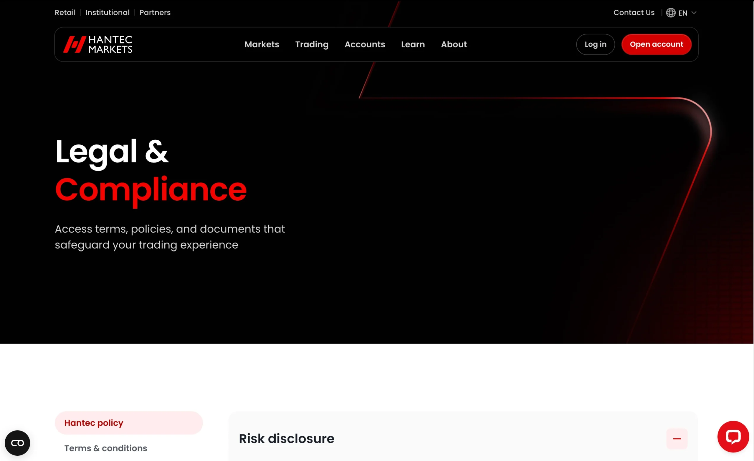 Hantec Markets regulation page showing office addresses, regulators, license numbers, and client money protection details for jurisdictions including FSC, FCA, ASIC, HKGX, FSA and the VFSC.