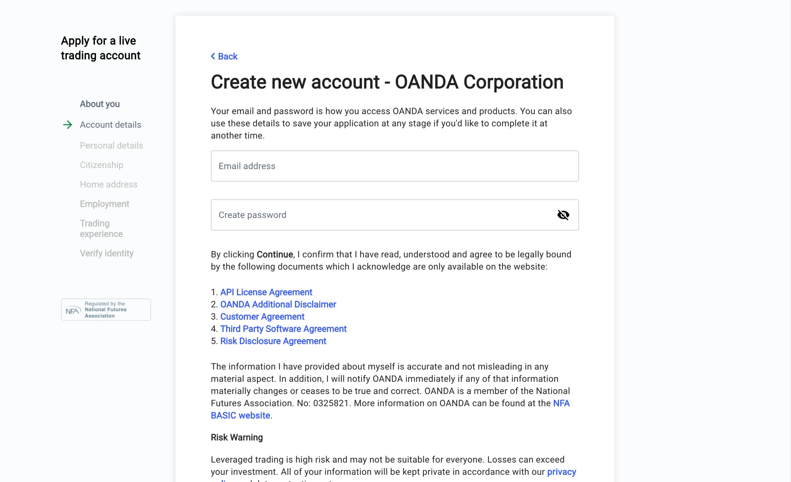 OANDA review image showing the account opening page where clients enter personal information to open a trading account.