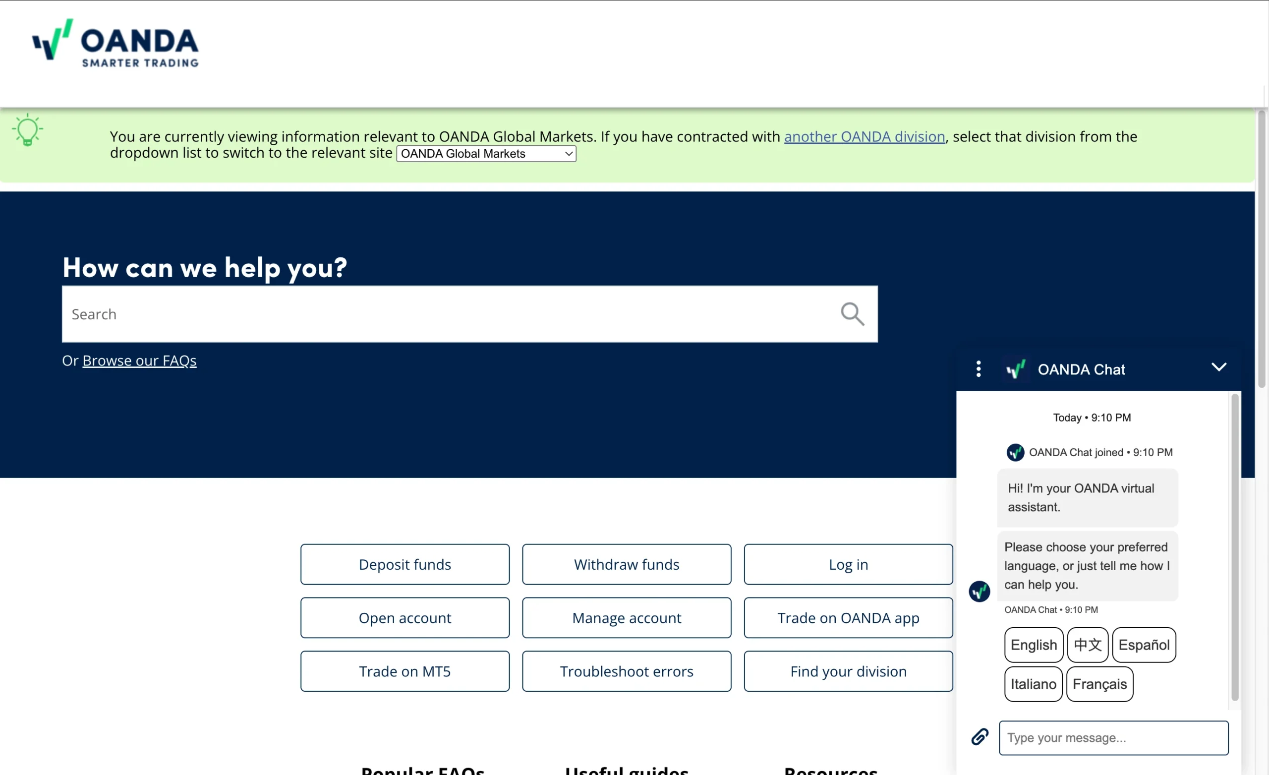 OANDA review image showing customer support options including a contact form, live chat, phone numbers, WhatsApp and help centre.