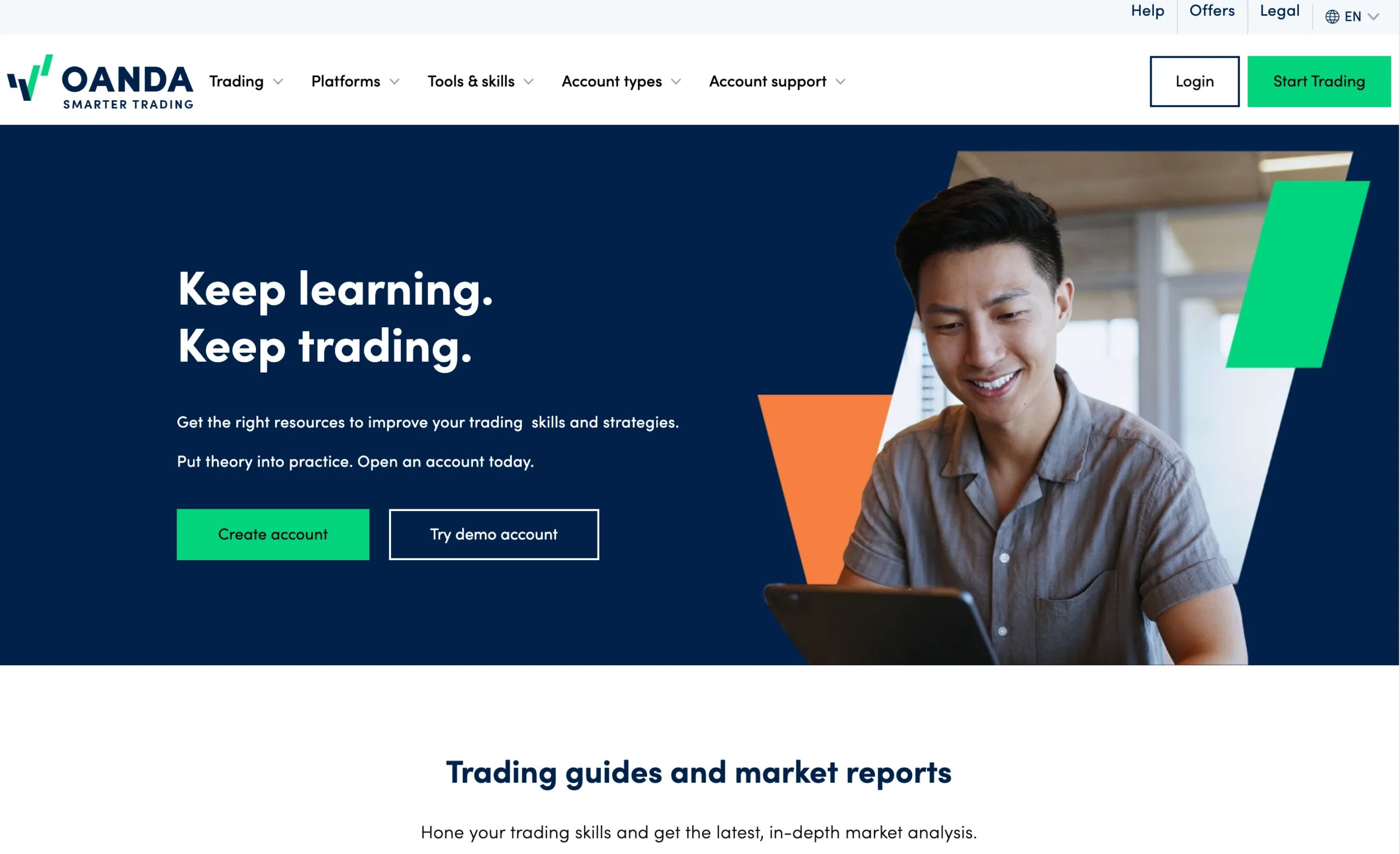 OANDA review image showing the education page with trading guides and educational material for clients.