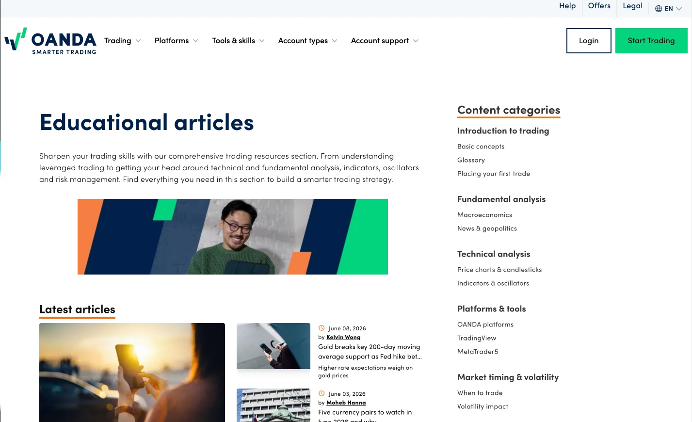 OANDA review image showing the market analysis page with news, forecasts and tools from trading professionals.