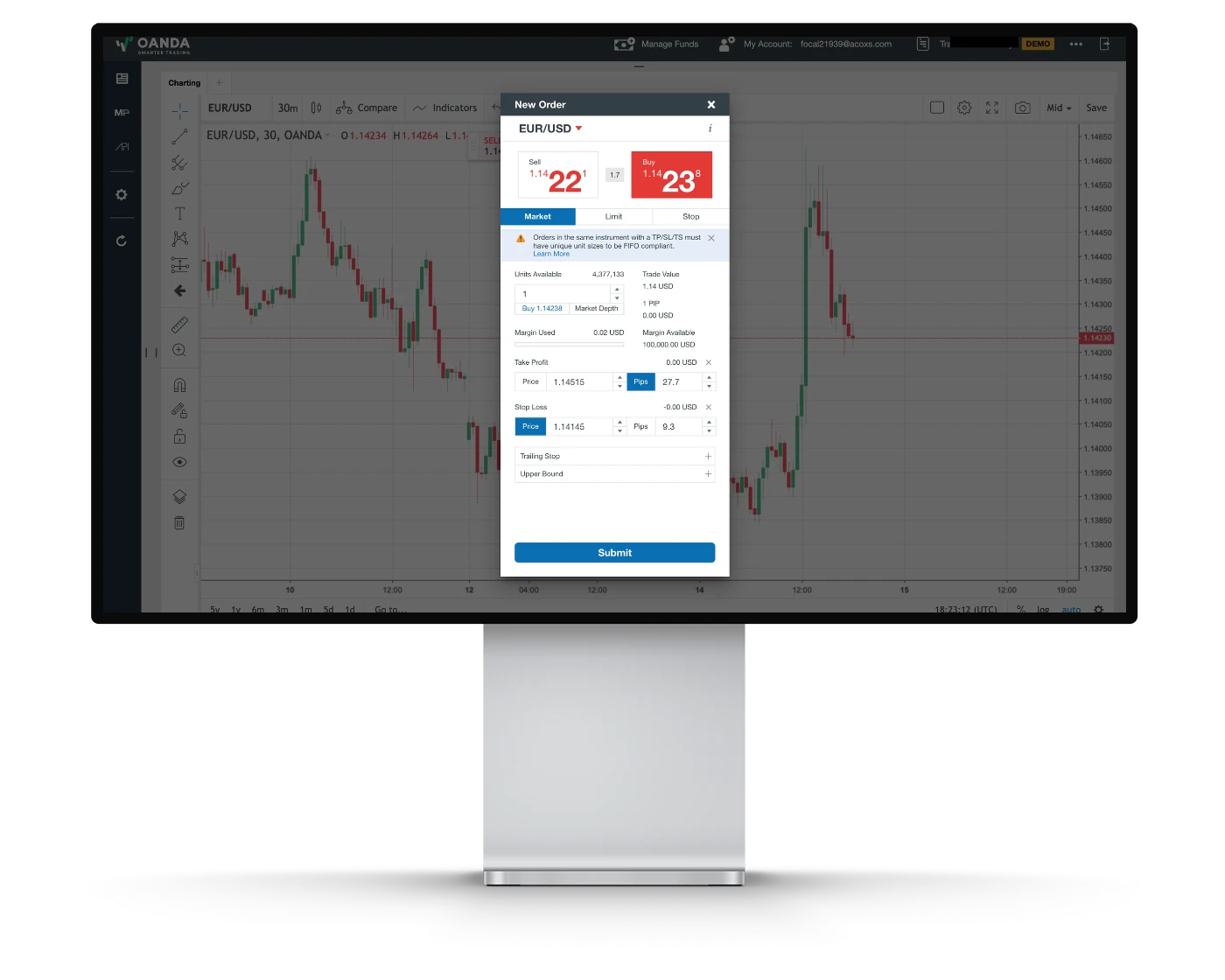 OANDA review image showing how to place orders and open trades on the OANDA web trading platform.